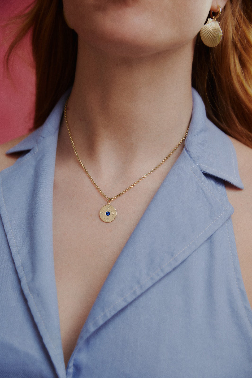 Compass pendant. Sapphire pendant. Gold disc pendant. Engraved pendant. Solid gold disc pendant.