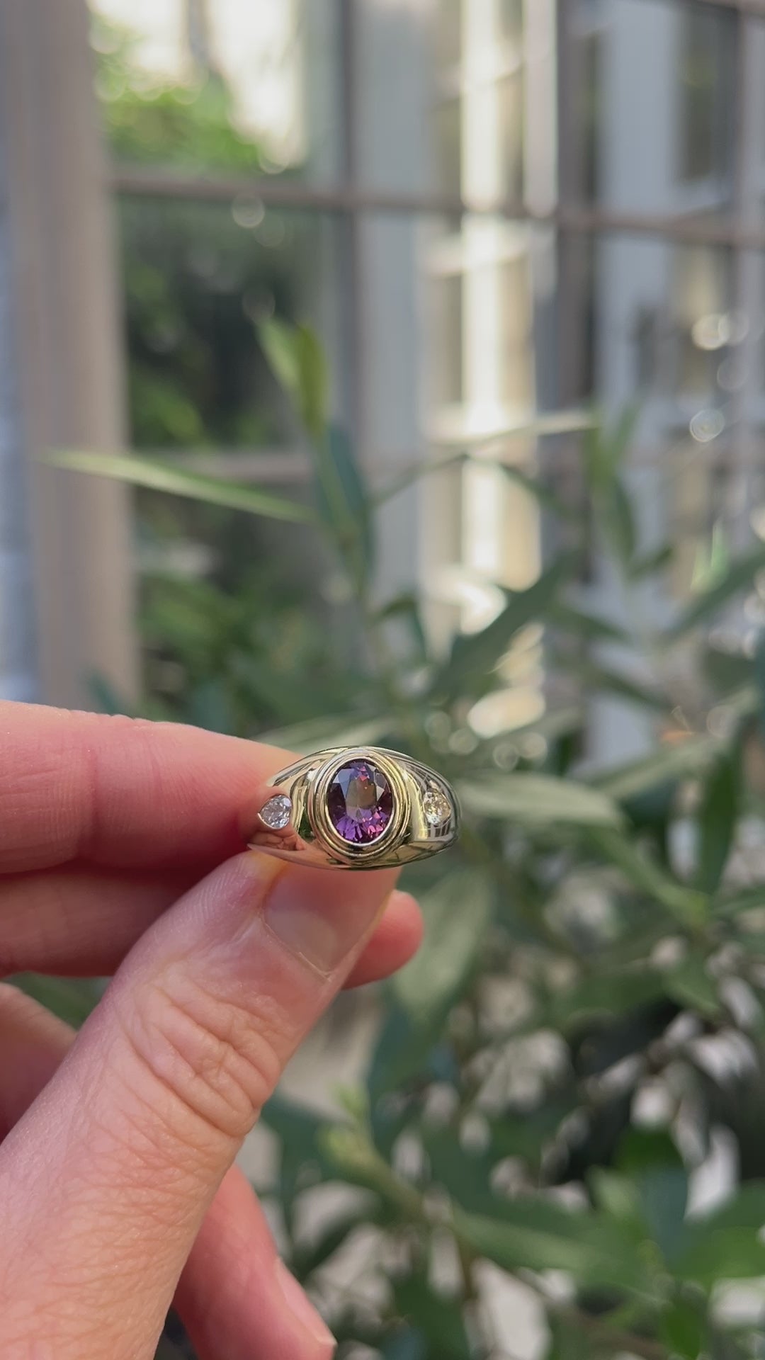 Rhodolite Garnet and Diamond ring. Diamond ring. Coloured Stone Ring. Bombé ring. Signet style ring. Gold ring. Chunky gold ring. Solid gold ring. Cocktail ring.