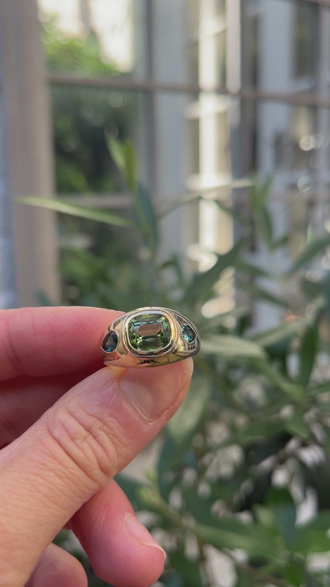 Green Tourmaline and teal Tourmaline Bombé Ring. Coloured Stone Ring. Bombé ring. Signet style ring. Gold ring. Chunky gold ring. Solid gold ring. Cocktail ring.