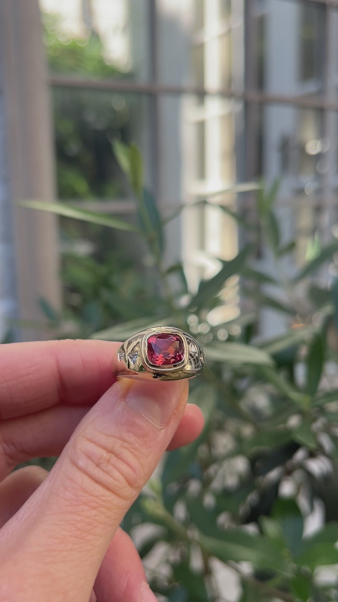 Red Spinel and Diamond Bombé Ring. Diamond Ring. Coloured Stone Ring. Bombé ring. Signet style ring. Gold ring. Chunky gold ring. Solid gold ring. Cocktail ring.