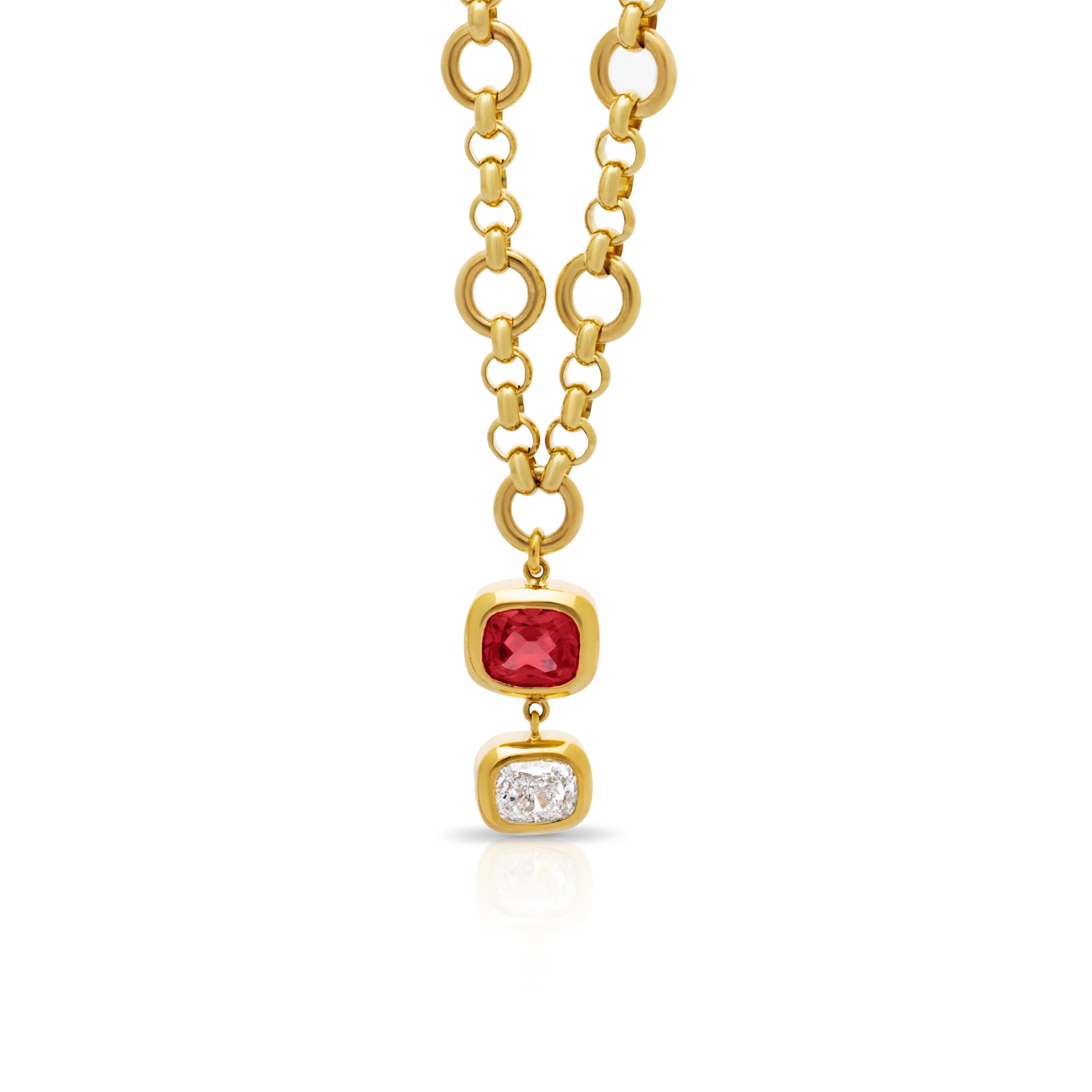 Red Spinel and Diamond pendant. Red Spinel and Diamond necklace. Natural red gemstone. Natural diamond necklace. Gemstone pendant. Gemstone necklace. 18 carat gold jewellery. Serena Ansell Jewellery. Fine jewellery London. 