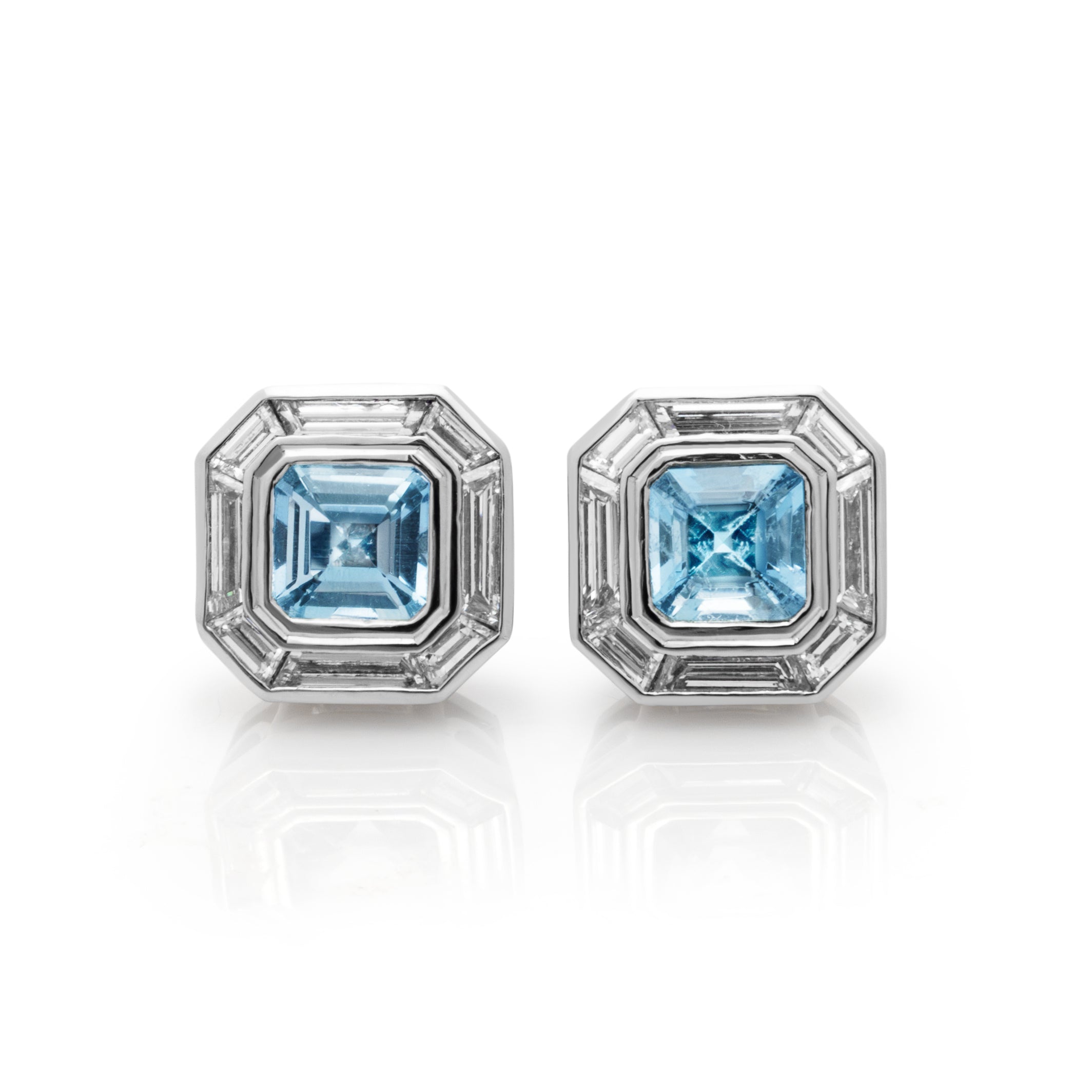 Aquamarine and baguette Diamond earrings. Serena Ansell Bespoke jewellery design. Bespoke jewellery designer London. Bespoke earrings London.  
