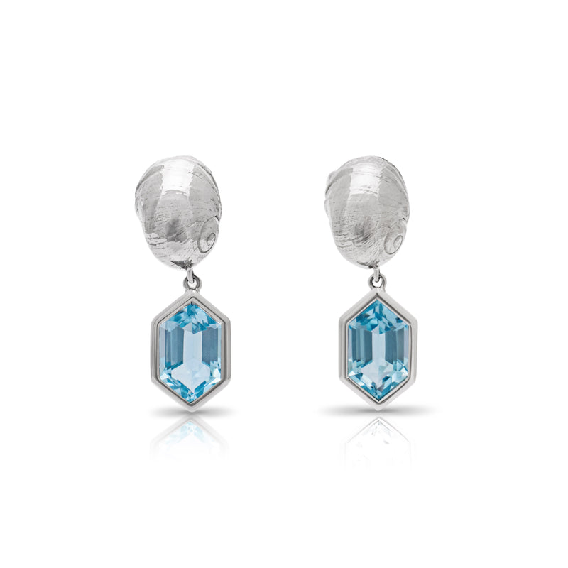 'Those Happy Places' collection Constantine Bay Shell Earrings in Platinum with a Hexagonal Topaz Drop