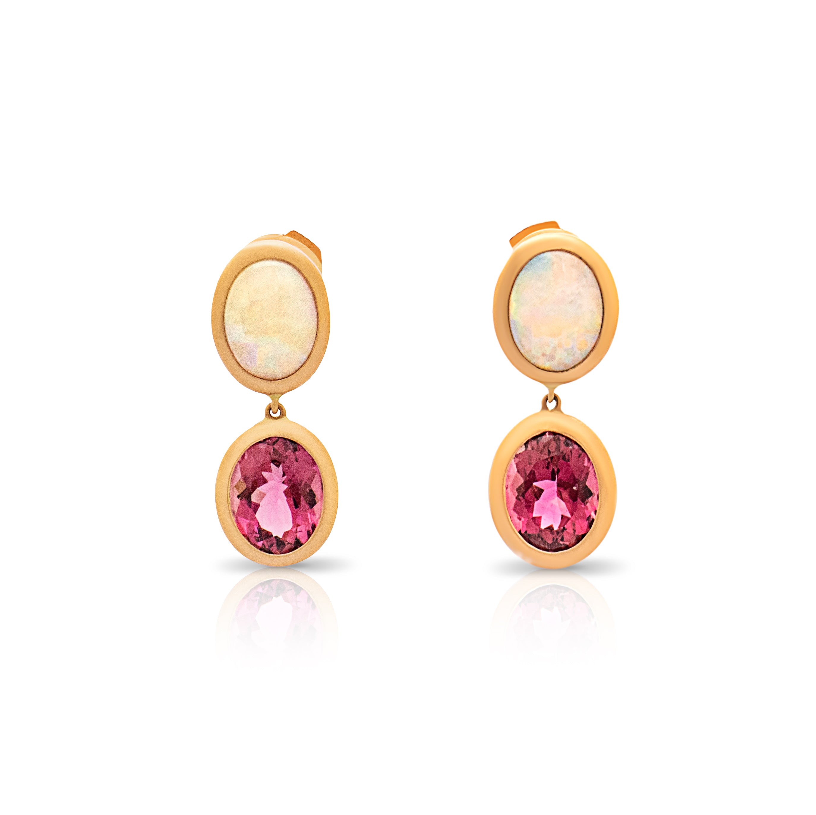 Opal and Pink Tourmaline Earrings. Serena Ansell Bespoke Jewellery Design. Bespoke jewellery designer London. Bespoke earrings London. 