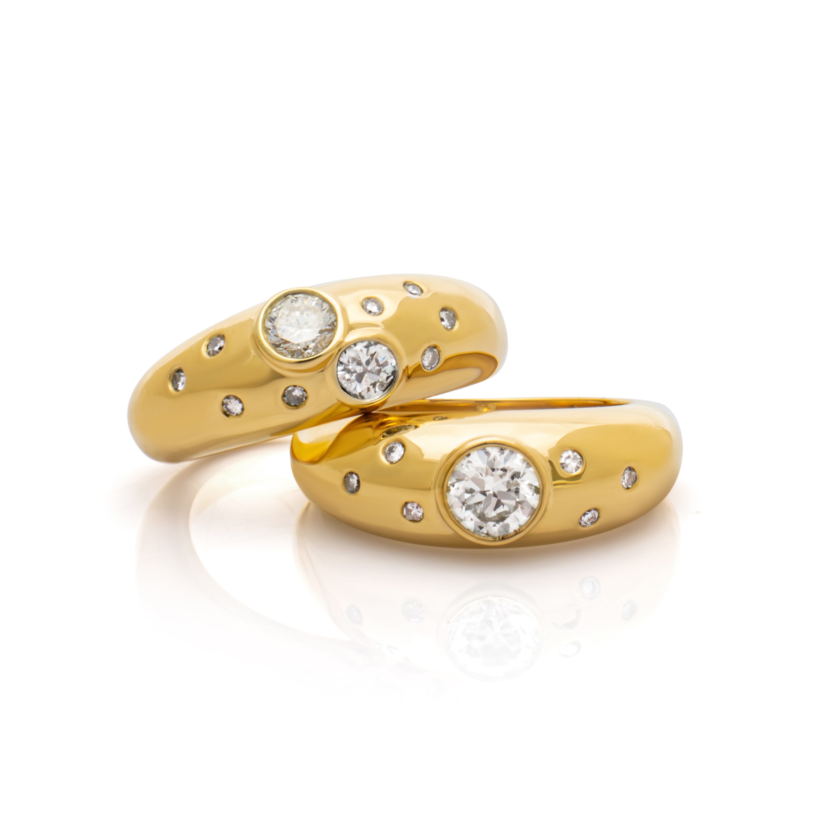 Bombé rings. Chunky gold diamond rings. Heirloom gemstones. Heirloom jewellery redesign. Serena Ansell Bespoke jewellery design. Old jewellery redesign. Bespoke jeweller London. 
