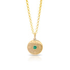 Compass pendant. Emerald pendant. Gold disc pendant. Engraved pendant. Solid gold disc pendant. 