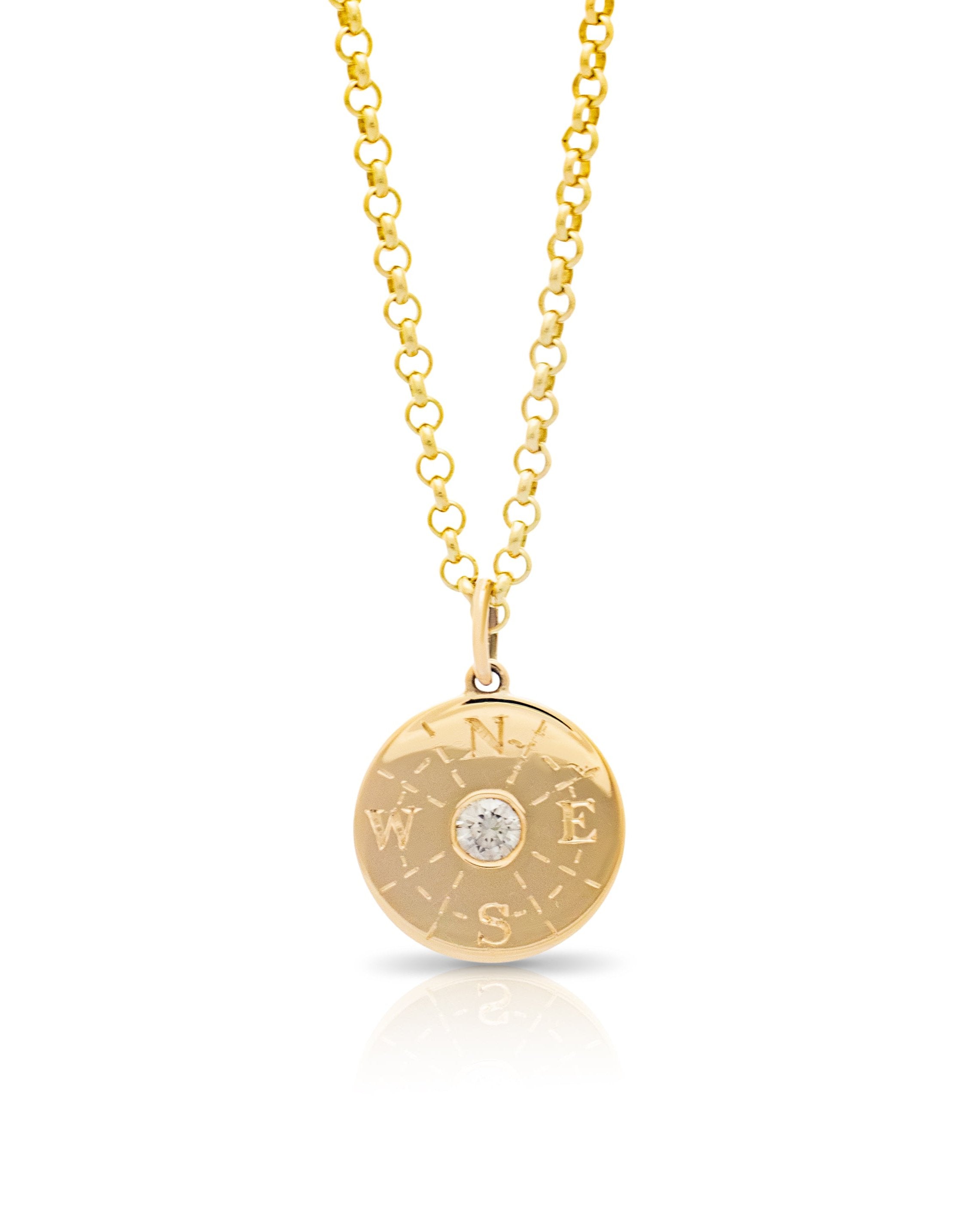 Compass pendant. Diamond pendant. Gold disc pendant. Engraved pendant. Solid gold disc pendant. 