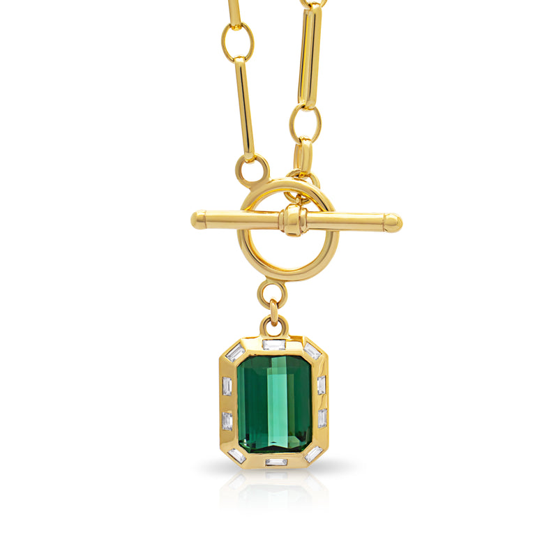 Green Tourmaline & baguette Diamond T-bar Necklace