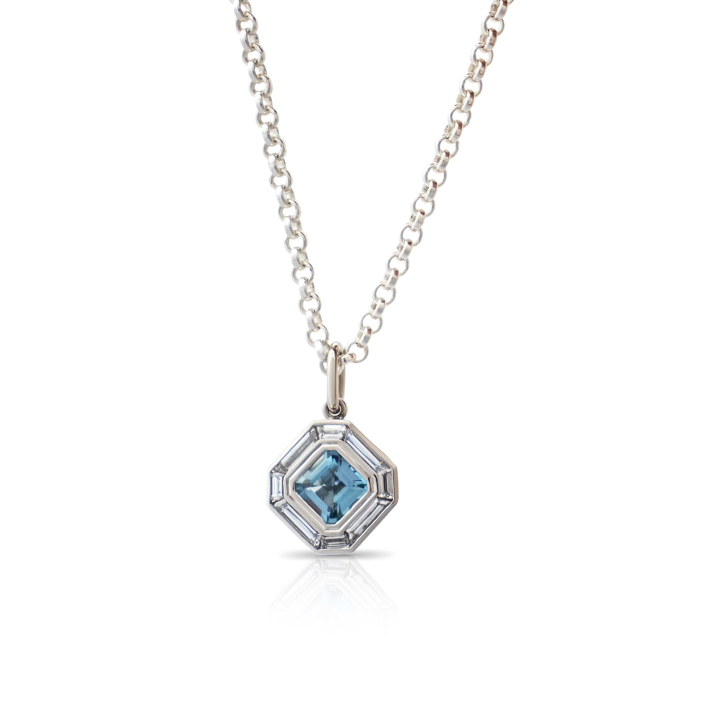 Aquamarine and Diamond pendant necklace. Serena Ansell Bespoke Jewellery Design. Bespoke jewellery designer London. 