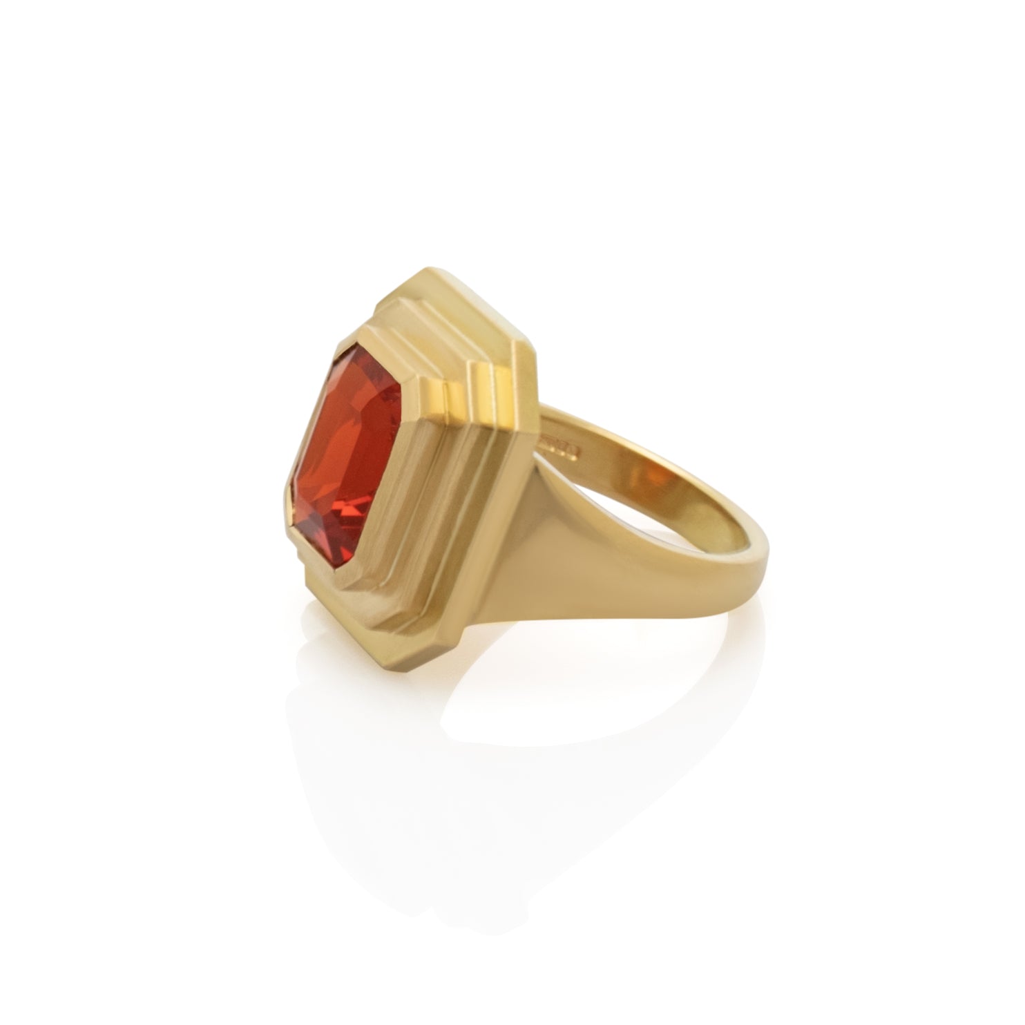 Fire Opal ring. Step Ring. Fire opal cocktail ring. Red Gemstone ring. Fire gemstone ring. Red gemstone jewellery. Fire opal jewellery. 18 carat gold ring. Handmade ring. Fine jewellery. Serena Ansell jewellery. London jeweller. 