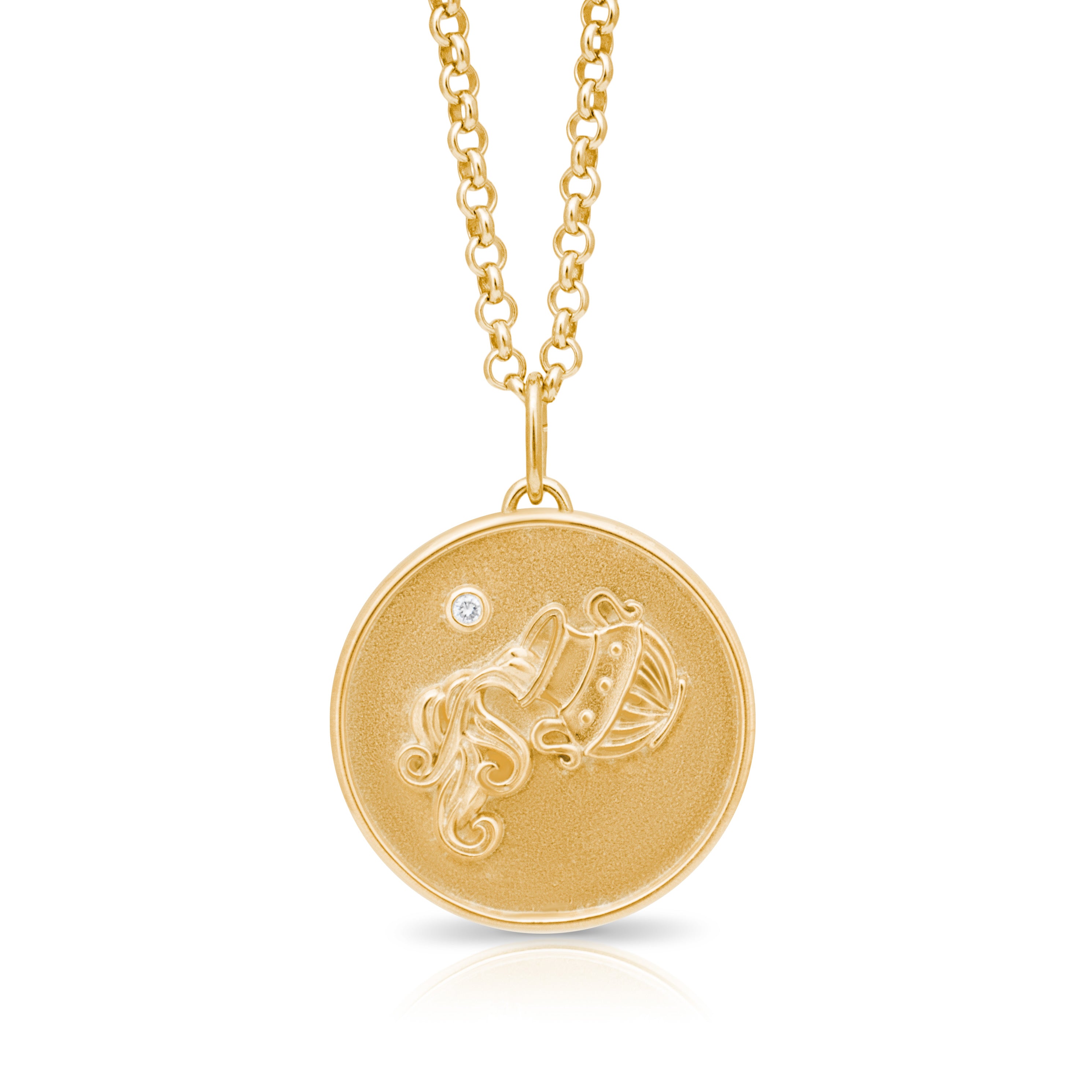 Aquarius Zodiac pendant. Aquarius Zodiac necklace.  Birthstone pendant. Birthstone jewellery. Medallion. Gold zodiac pendant. Solid gold and Diamond pendant. Disc pendant. Gold disc pendant.