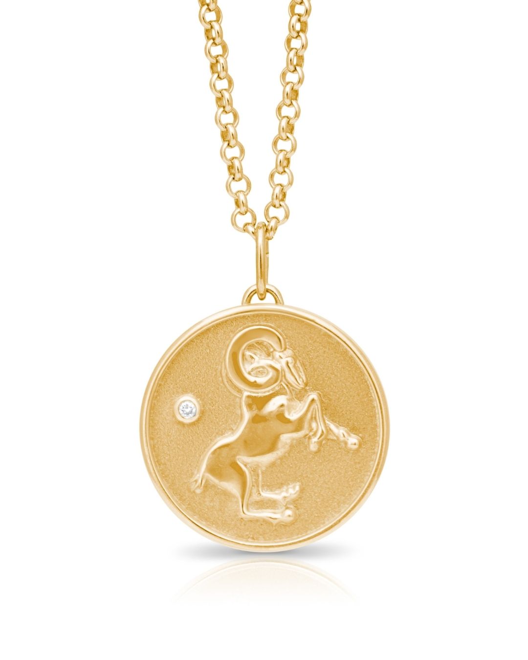 Aries Zodiac pendant. AriesZodiac necklace.  Birthstone pendant. Birthstone jewellery. Medallion. Gold zodiac pendant. Solid gold and Diamond pendant. Disc pendant. Gold disc pendant.