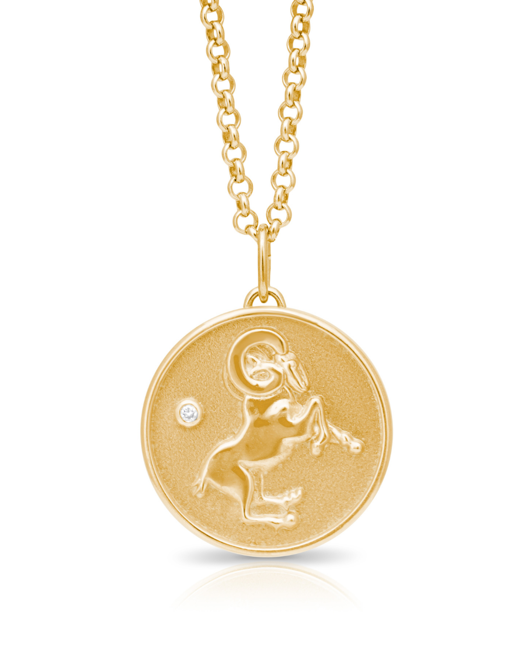 Aries Zodiac pendant. AriesZodiac necklace.  Birthstone pendant. Birthstone jewellery. Medallion. Gold zodiac pendant. Solid gold and Diamond pendant. Disc pendant. Gold disc pendant.