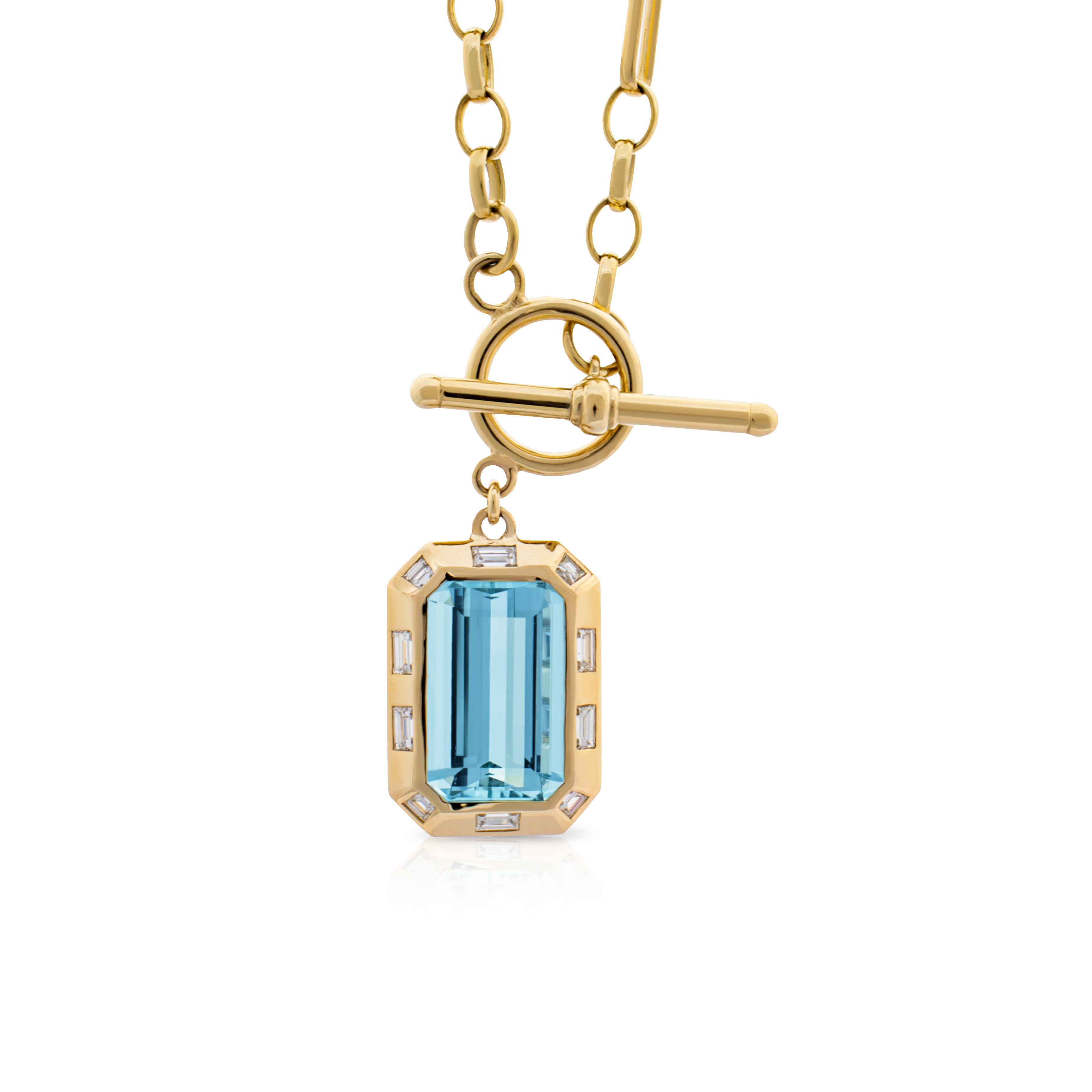 Aquamarine. Aquamarine necklace. Blue gemstone necklace. Big gemstone necklace. Diamond necklace. Blue gemstone and diamond necklace. Gemstone necklace. T-bar necklace. Gold necklace. 