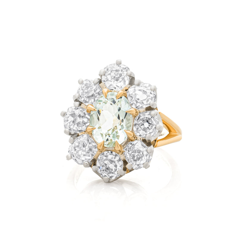 Pale Aquamarine & Old cut Diamond Cluster Ring