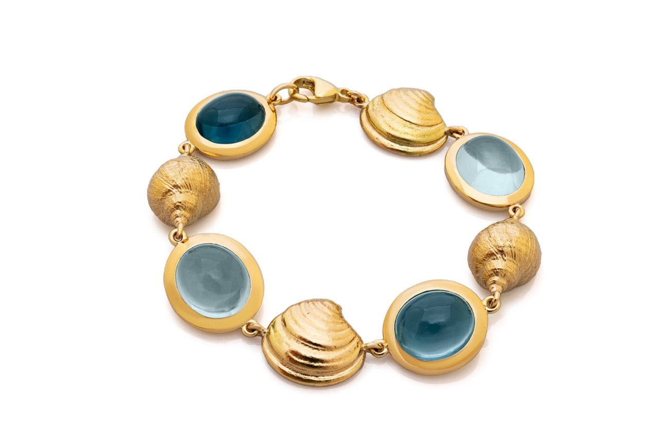 Bespoke Topaz cabochon bracelet. Gemstone bracelet. Sea-themed bracelet. Gold shell bracelet. Nautical bracelet. 