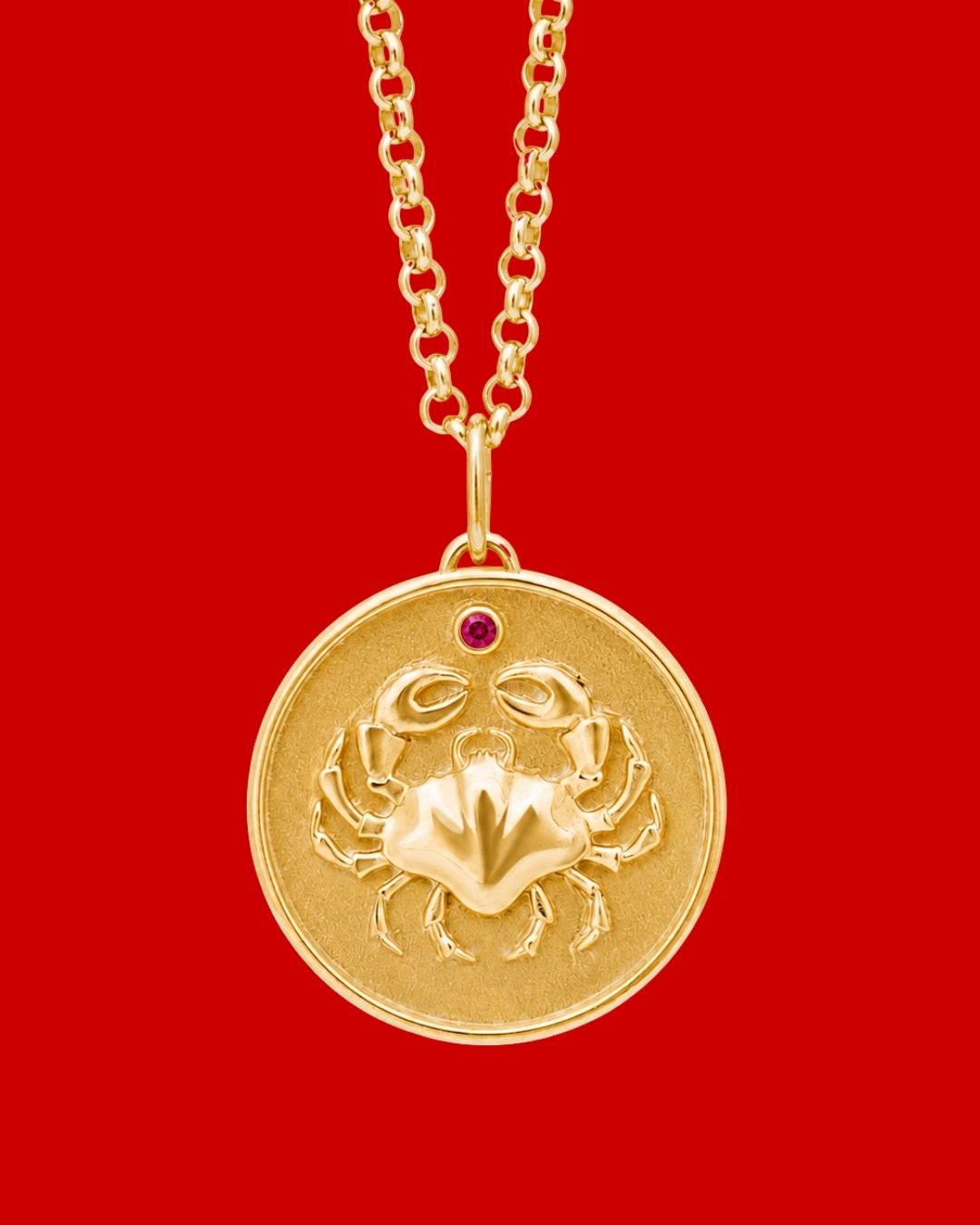 Cancer Zodiac pendant. Cancer Zodiac necklace.  Birthstone pendant. Birthstone jewellery. Medallion. Gold zodiac pendant. Solid gold and Ruby pendant. Disc pendant. Gold disc pendant.