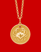 Cancer Zodiac pendant. Cancer Zodiac necklace.  Birthstone pendant. Birthstone jewellery. Medallion. Gold zodiac pendant. Solid gold and Ruby pendant. Disc pendant. Gold disc pendant.