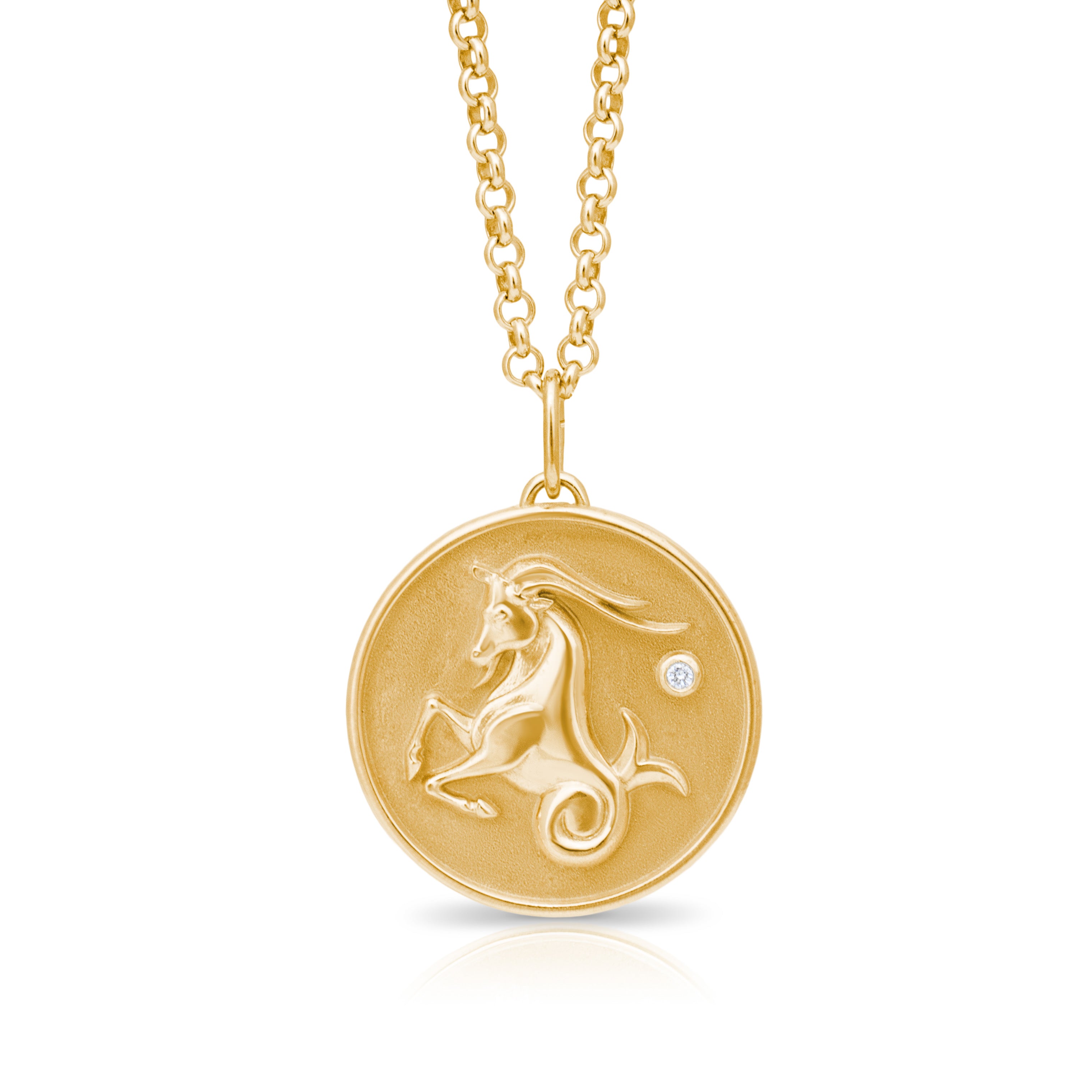 Capricorn Zodiac pendant. Capricorn Zodiac necklace.  Birthstone pendant. Birthstone jewellery. Medallion. Gold zodiac pendant. Solid gold and Diamond pendant. Disc pendant. Gold disc pendant.