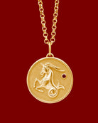 Capricorn Zodiac pendant. Capricorn Zodiac necklace.  Birthstone pendant. Birthstone jewellery. Medallion. Gold zodiac pendant. Solid gold and Garnet pendant. Disc pendant. Gold disc pendant.