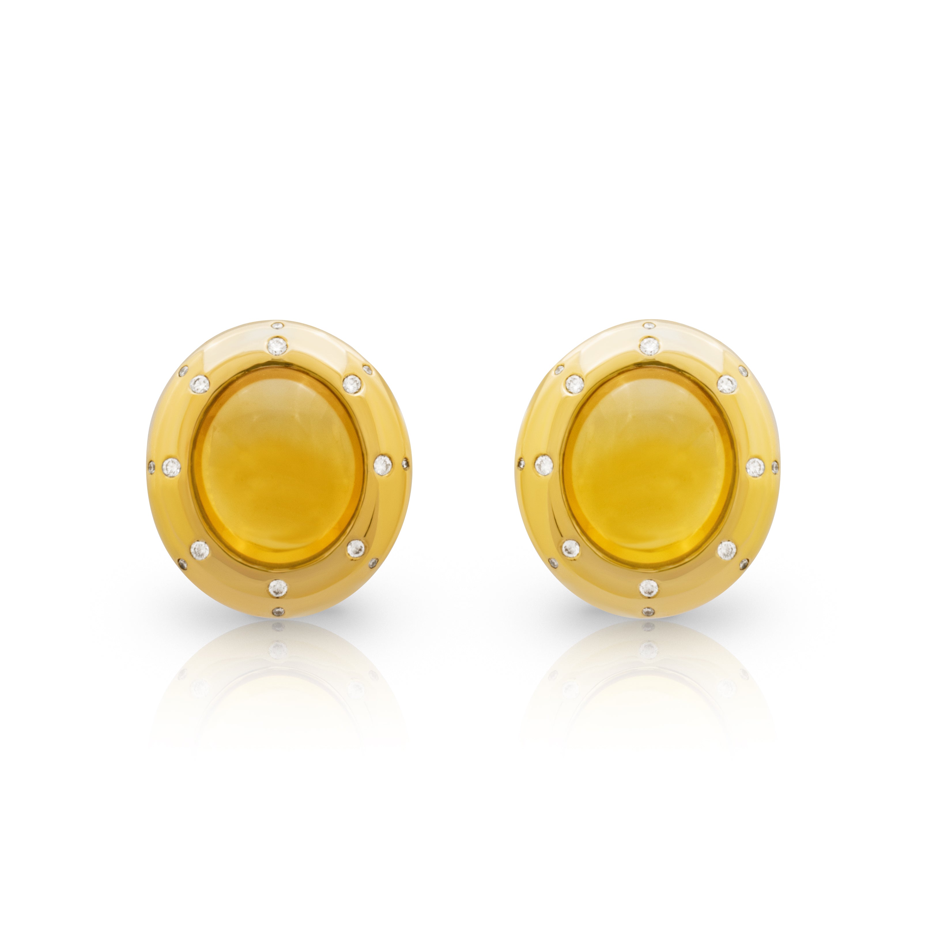 Cabochon earrings. Statement earrings. Big earrings. Yellow Obsession Earrings. Citrine and Diamond earrings. Yellow gemstone earrings. Brown Diamond earrings. Chunky gold earrings. Serena Ansell Fine Jewellery.