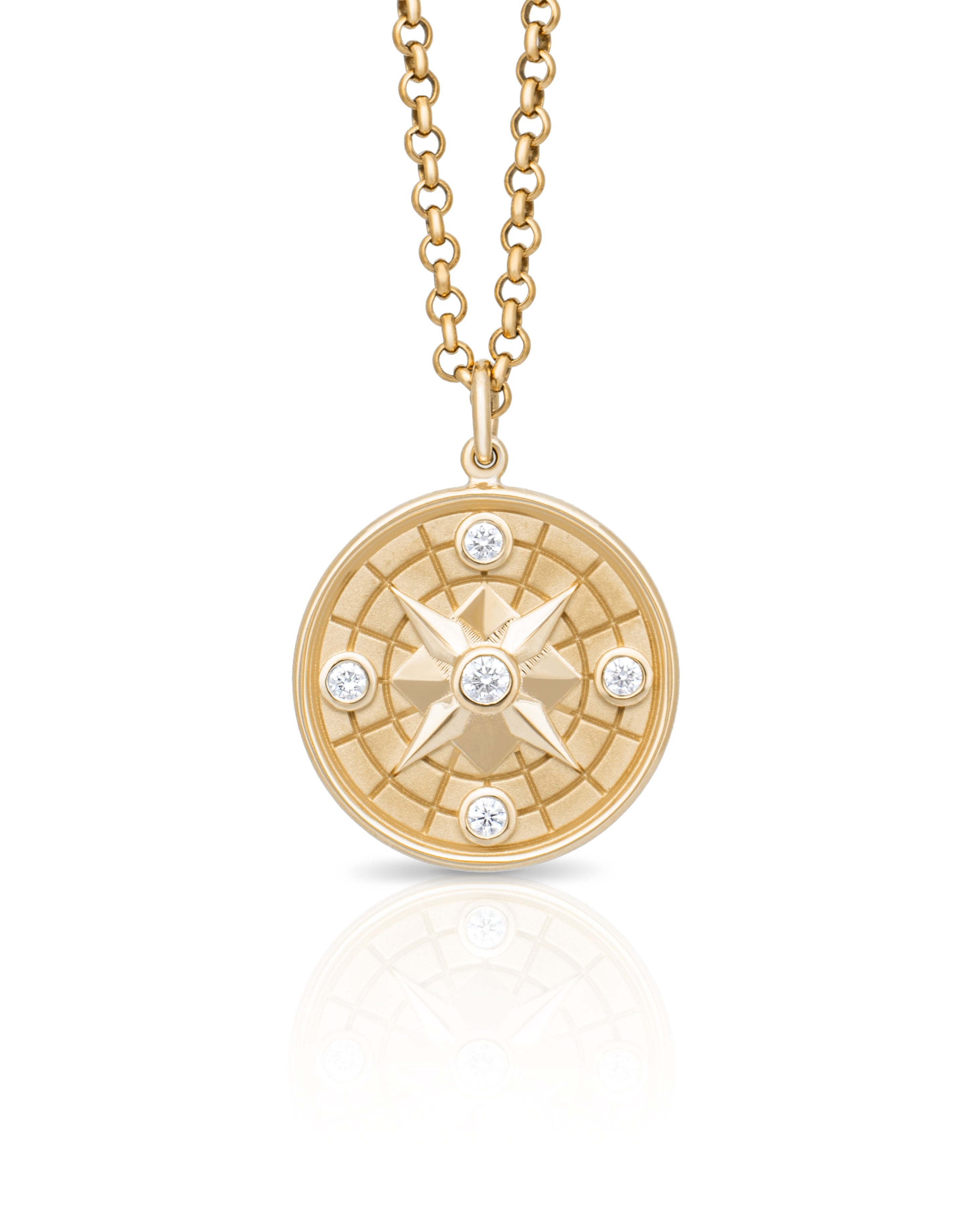Compass medallion. Compass pendant. Compass necklace. Disc pendant. Diamond pendant. Diamond compass. 
