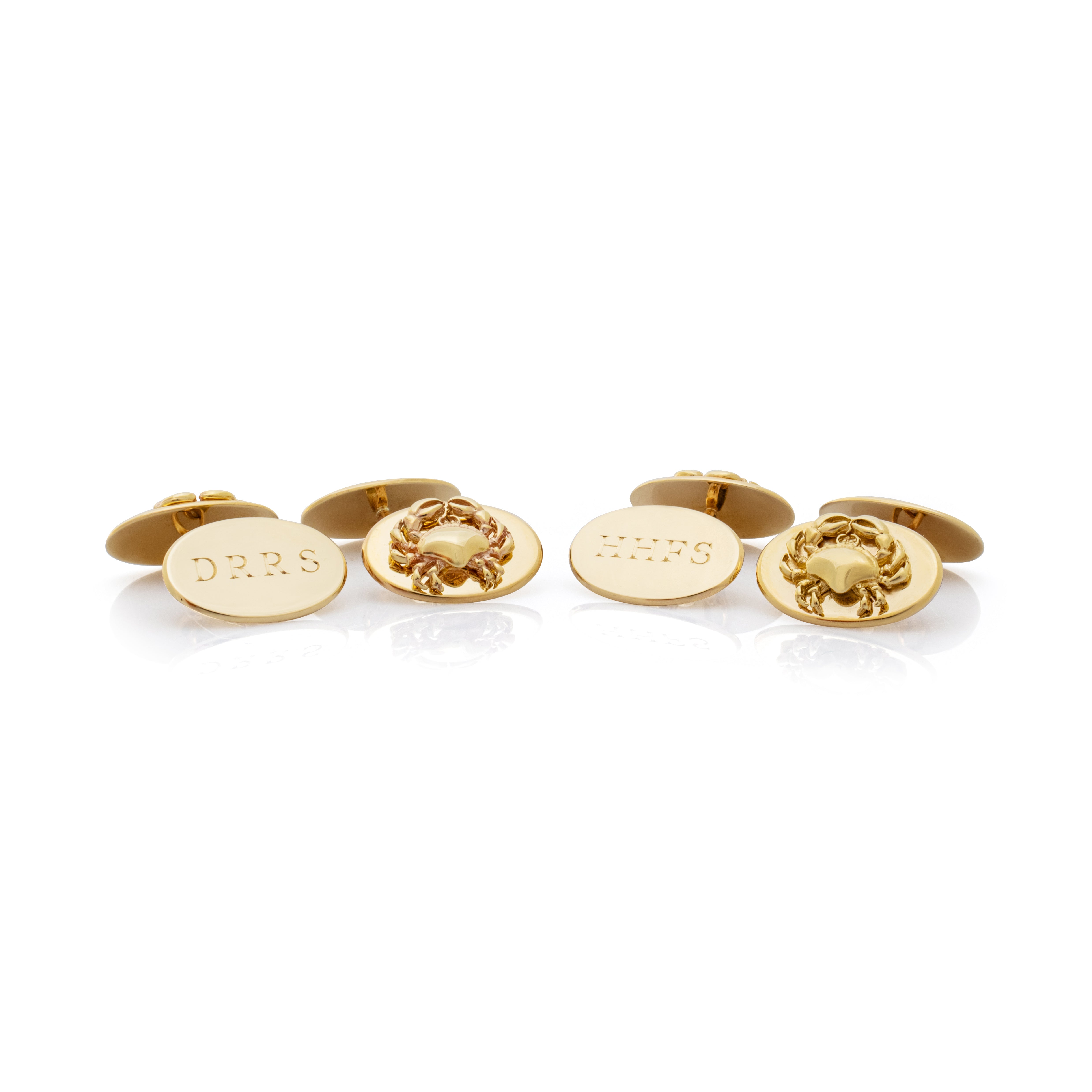 Claude cufflinks. Crab cufflinks. Crab logo. Solid gold cufflinks. Engraved cufflinks.