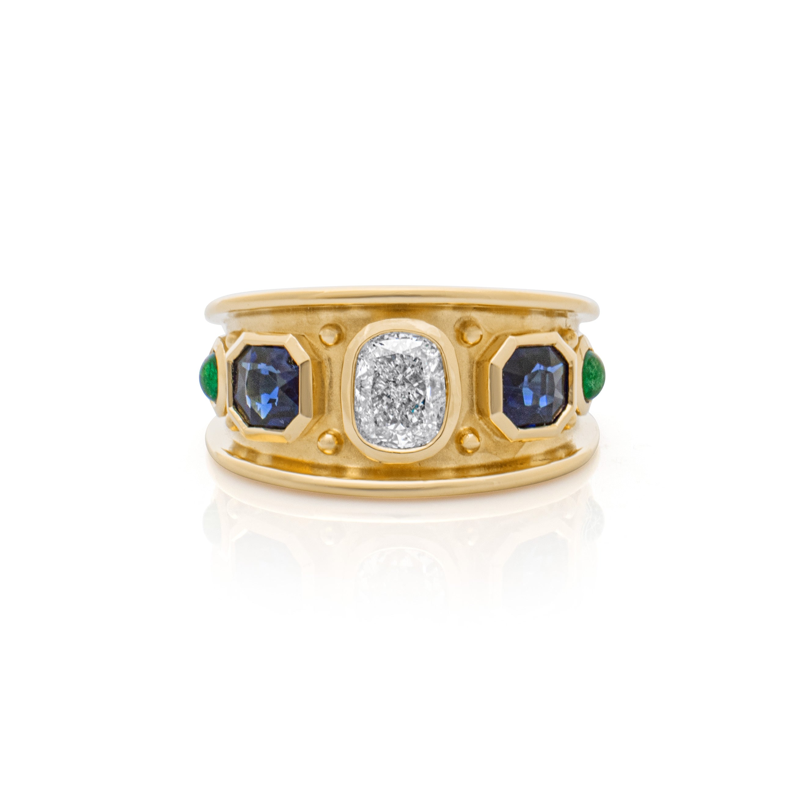 Cushion cut Diamond, Sapphire and Emerald Classical Ring. Chunky ring. Big ring. Push present