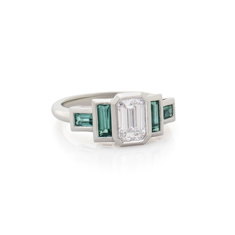 Emerald Cut Diamond & Blue Tourmaline Ring