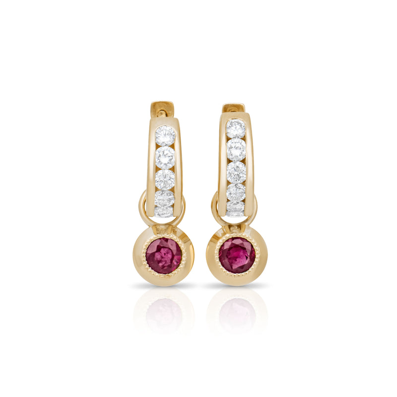 Diamond Huggie Hoops with Ruby Drops