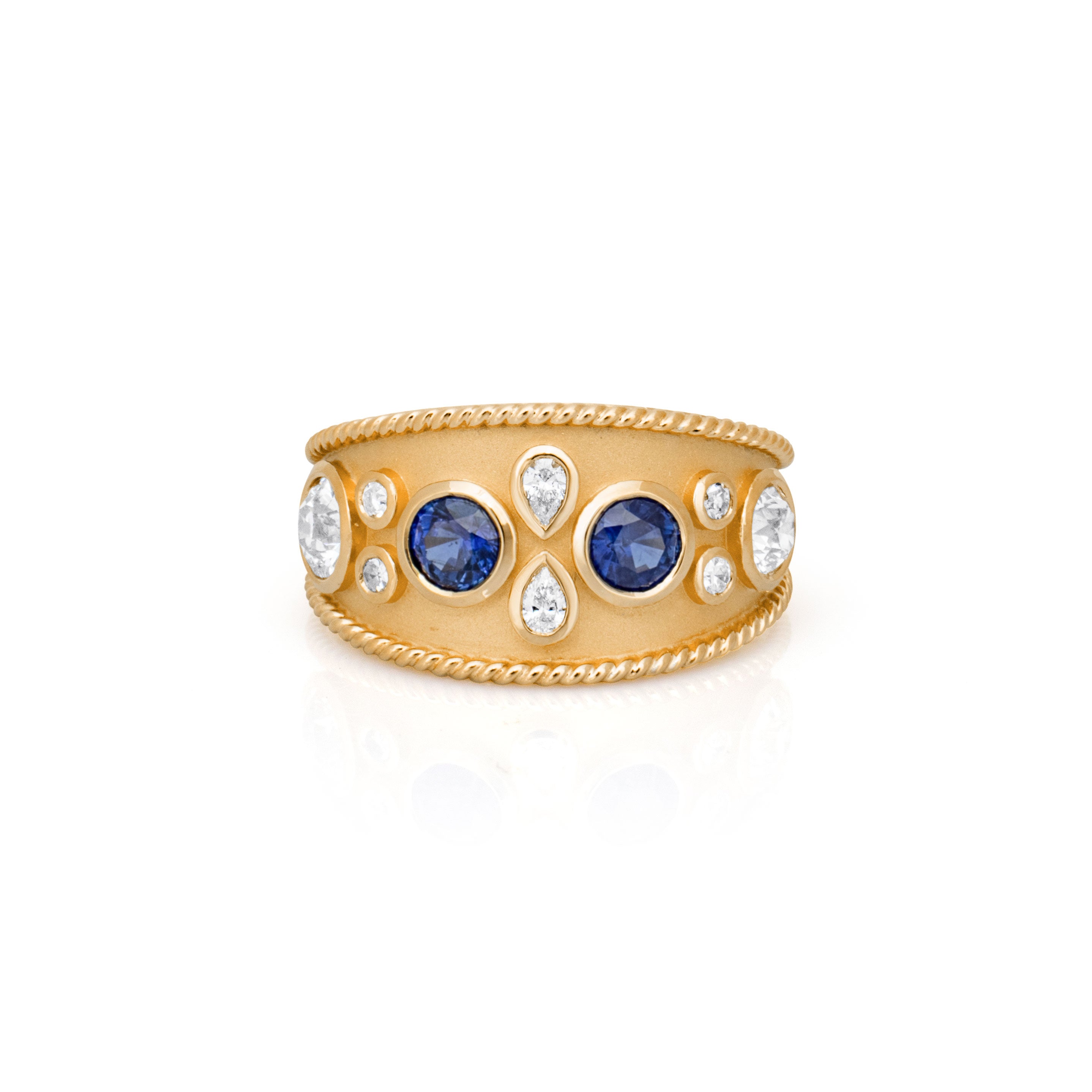 Diamond and Sapphire Classical Style Ring. Elizabeth Gage. Chunky gold ring. 