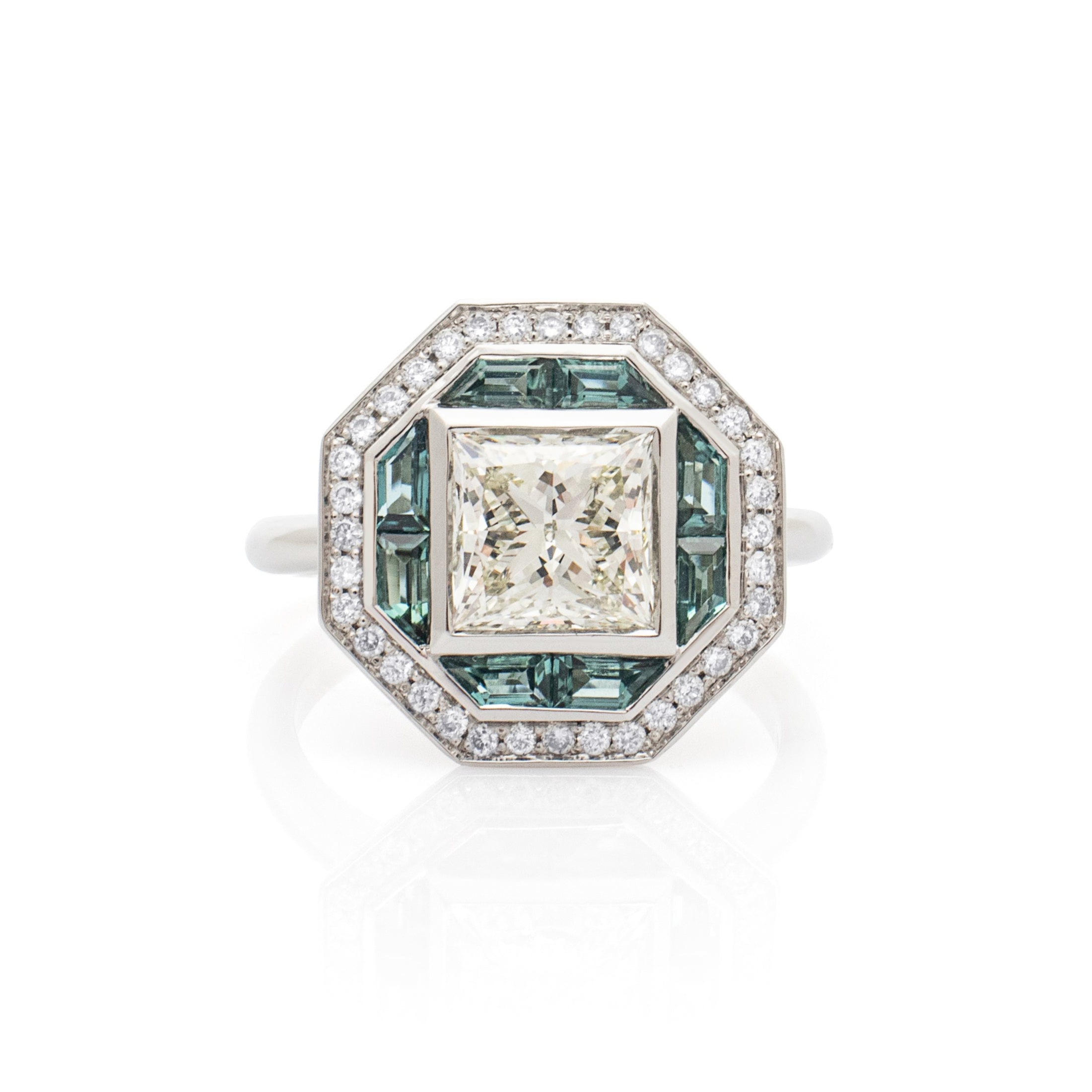 Diamond target ring. Diamond and Tourmaline target ring. Diamond engagement ring. Square diamond ring. 