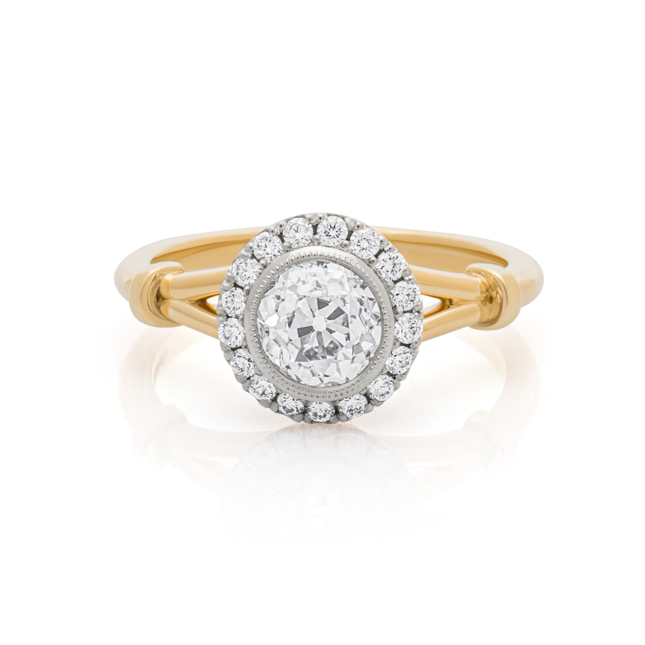 Diamond halo engagement ring with split band. Old cut Diamond engagement ring