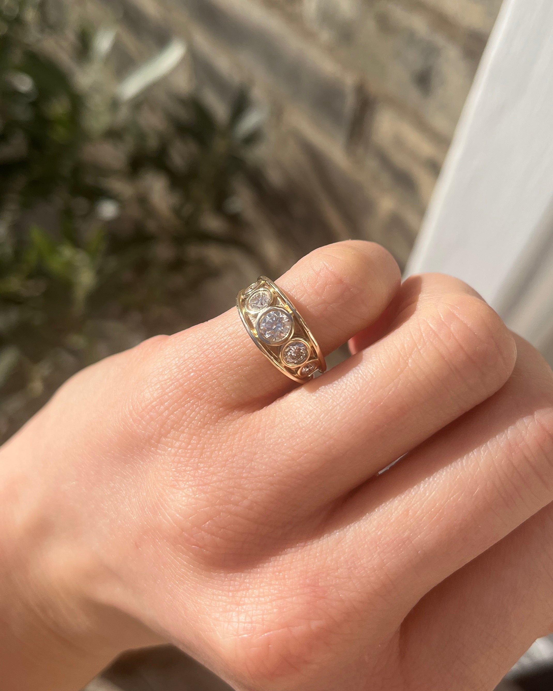 Diamond pinky ring. Five-stone diamond ring. Chunky pinky ring. 