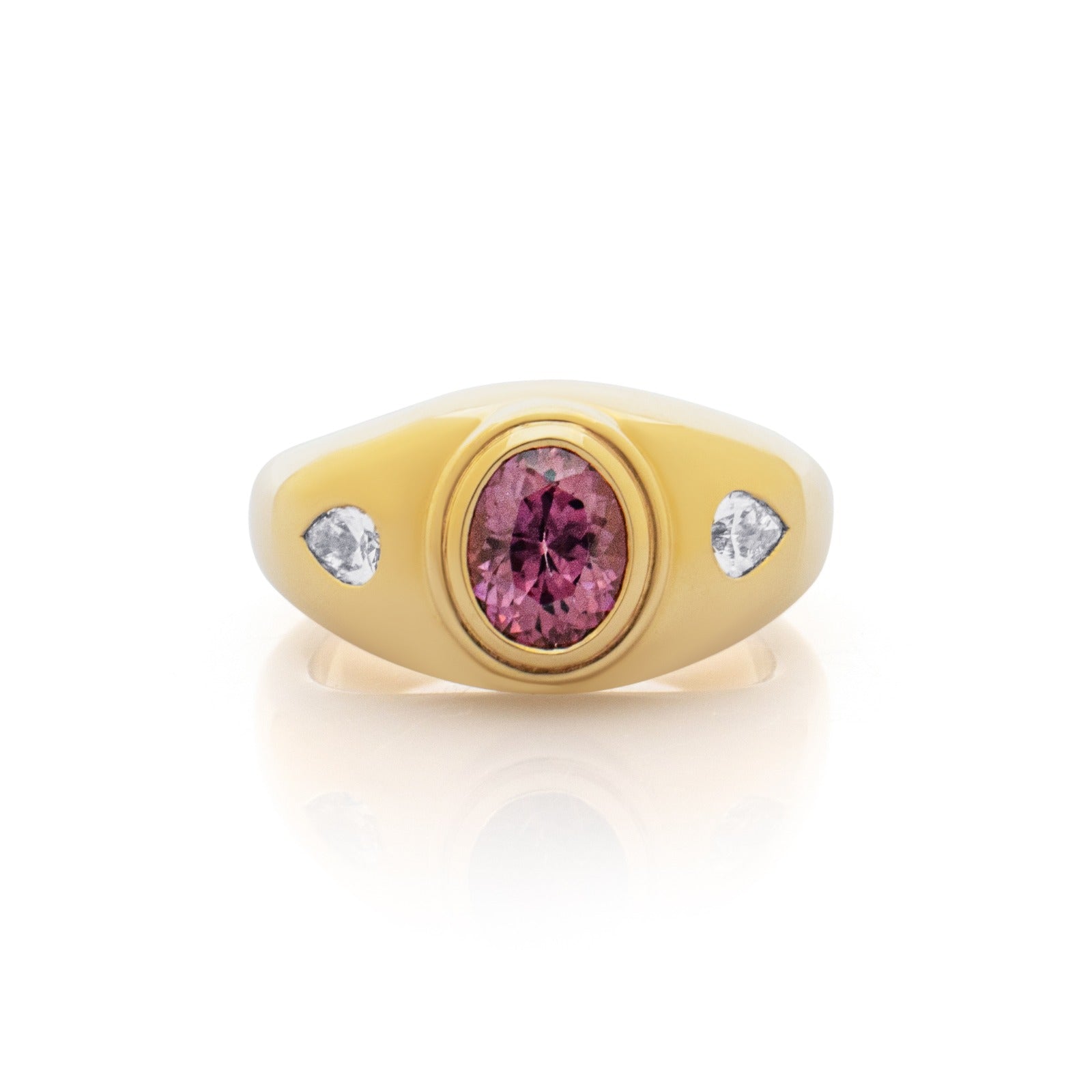 Rhodolite Garnet and Diamond ring. Diamond ring. Coloured Stone Ring. Bombé ring. Signet style ring. Gold ring. Chunky gold ring. Solid gold ring. Cocktail ring. 