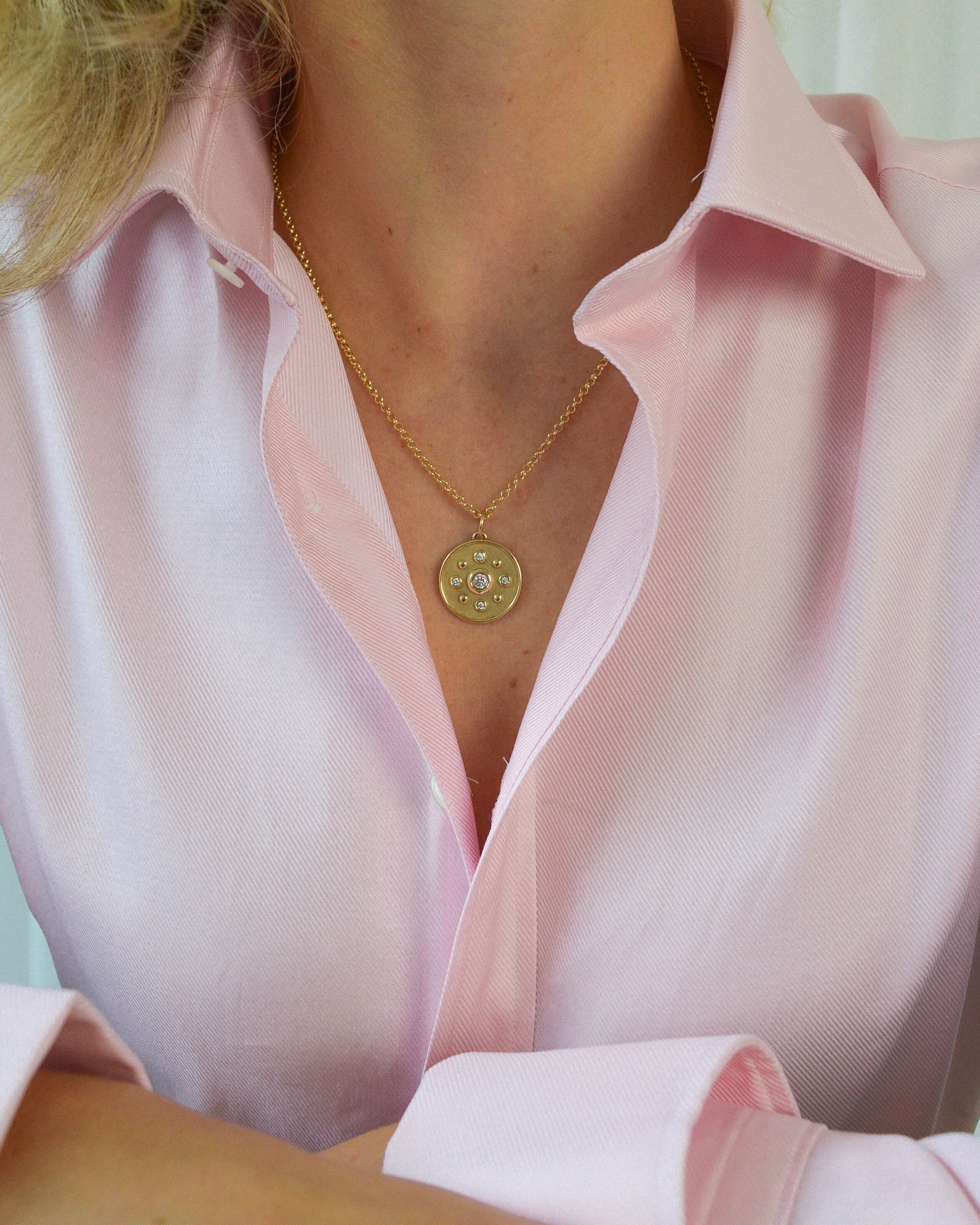 Earth Medallion. Medallion pendant. Gold medallion. Diamond medallion. Solid gold and diamond pendant. Diamond disc pendant. Gold disc pendant. 