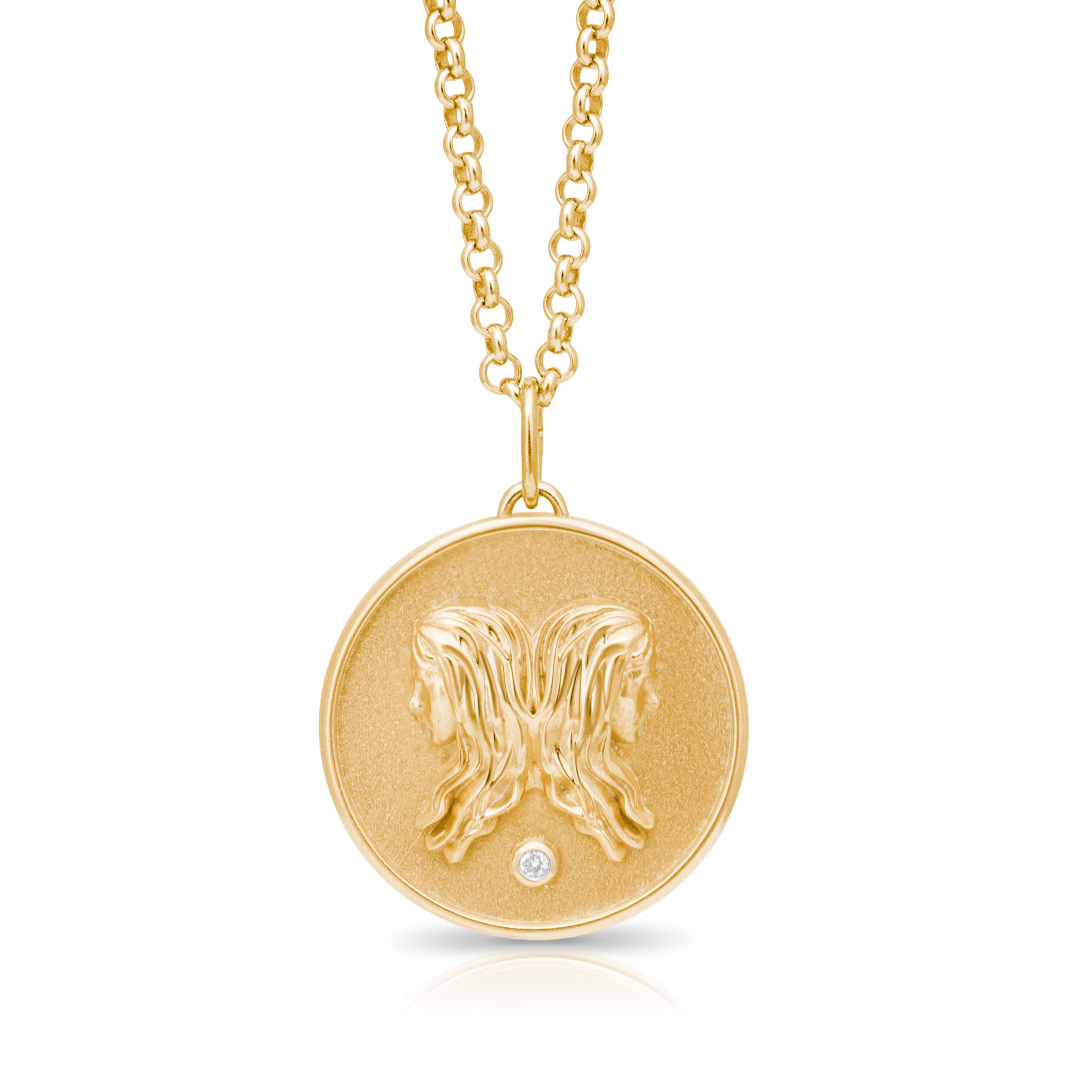Gemini Zodiac pendant. Gemini Zodiac necklace.  Birthstone pendant. Birthstone jewellery. Medallion. Gold zodiac pendant. Solid gold and Diamond pendant. Disc pendant. Gold disc pendant.