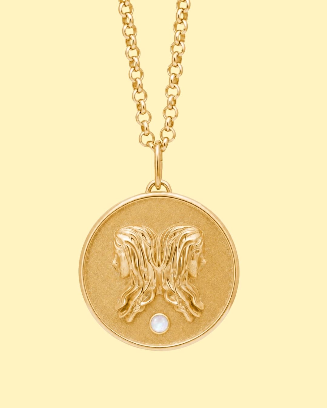 Gemini Zodiac pendant. Gemini Zodiac necklace.  Birthstone pendant. Birthstone jewellery. Medallion. Gold zodiac pendant. Solid gold and Mother of Pearl pendant. Disc pendant. Gold disc pendant.