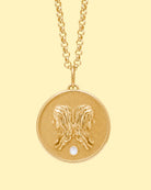 Gemini Zodiac pendant. Gemini Zodiac necklace.  Birthstone pendant. Birthstone jewellery. Medallion. Gold zodiac pendant. Solid gold and Mother of Pearl pendant. Disc pendant. Gold disc pendant.