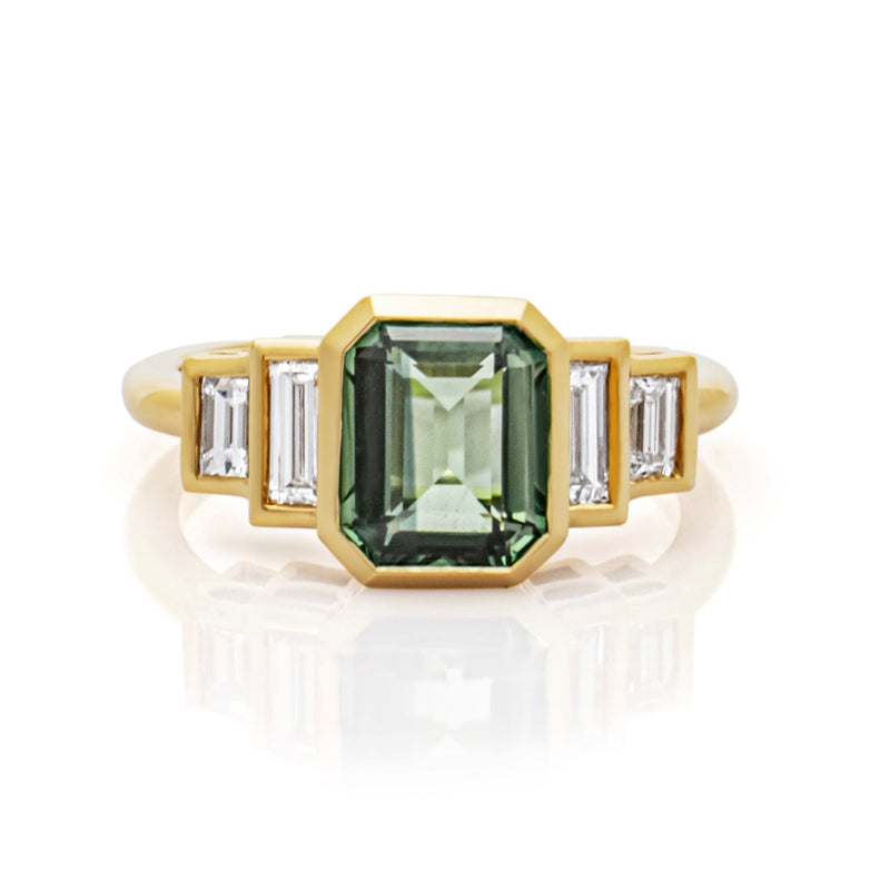 Green Sapphire & Baguette Diamond Ring