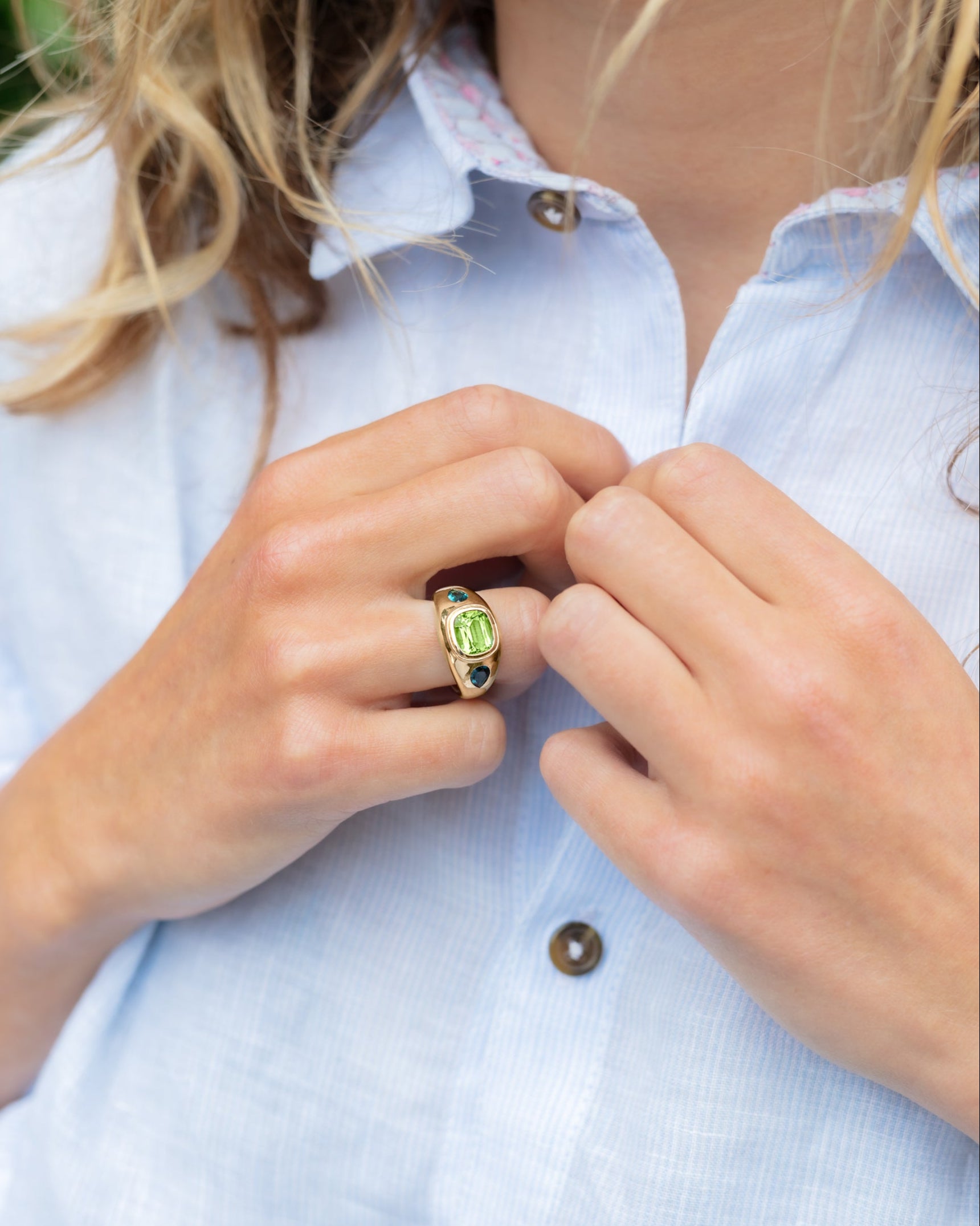 Green Tourmaline and teal Tourmaline Bombé Ring. Coloured Stone Ring. Bombé ring. Signet style ring. Gold ring. Chunky gold ring. Solid gold ring. Cocktail ring. 