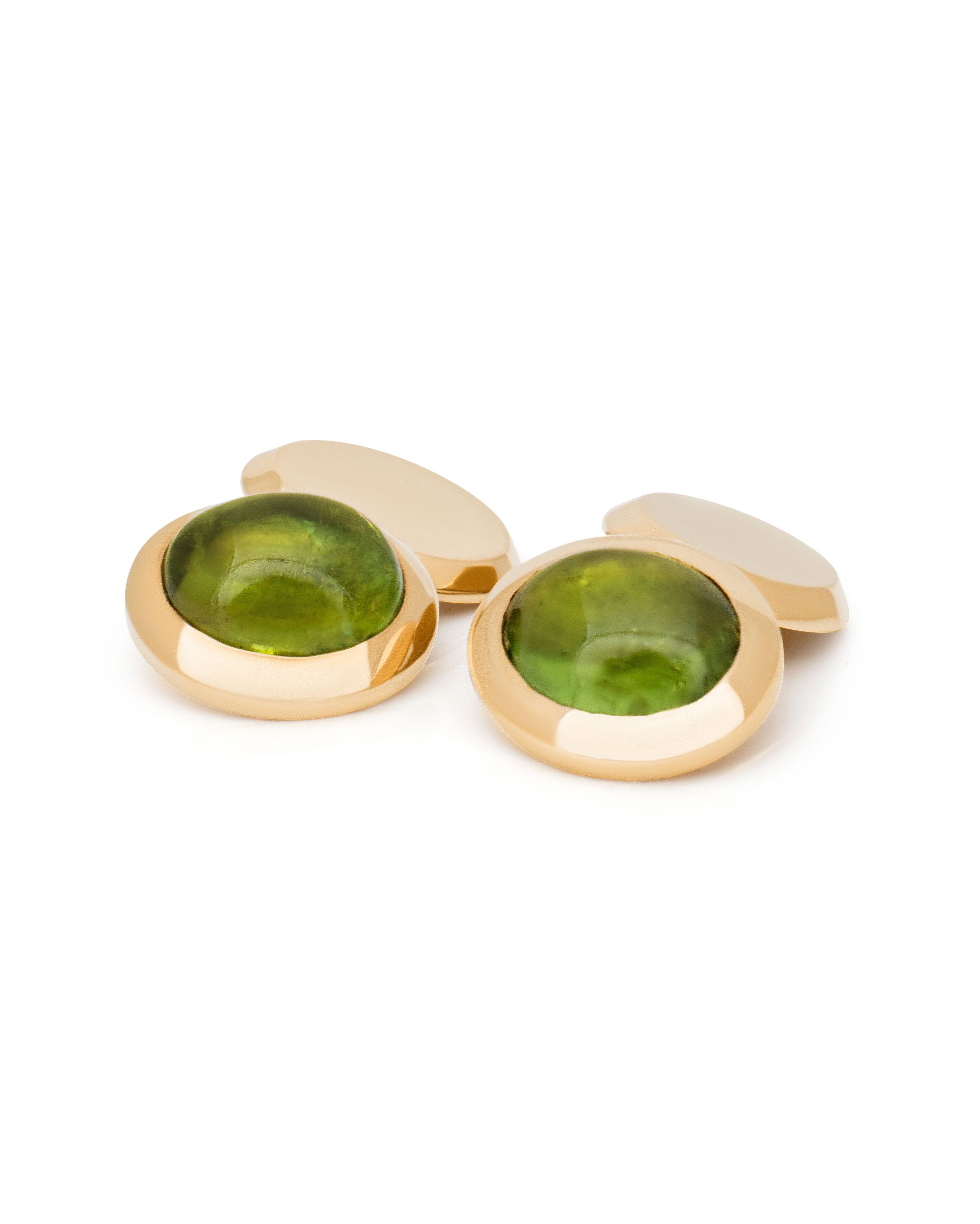 Gemstone cufflinks. Gold cufflinks. Green tourmaline cabochon. 