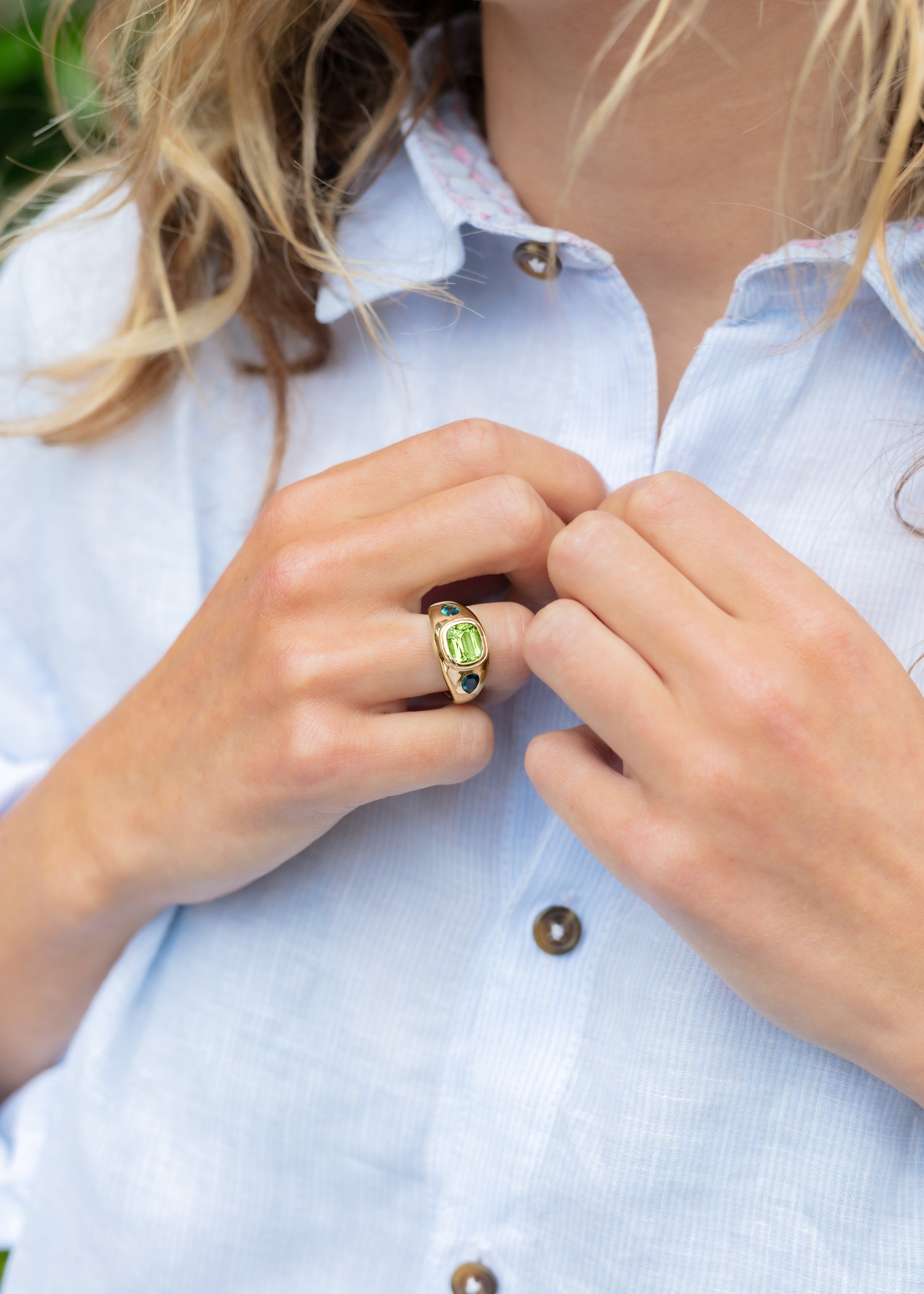 Green and teal tourmaline bombé ring. Chunky gold ring. Green gemstone ring