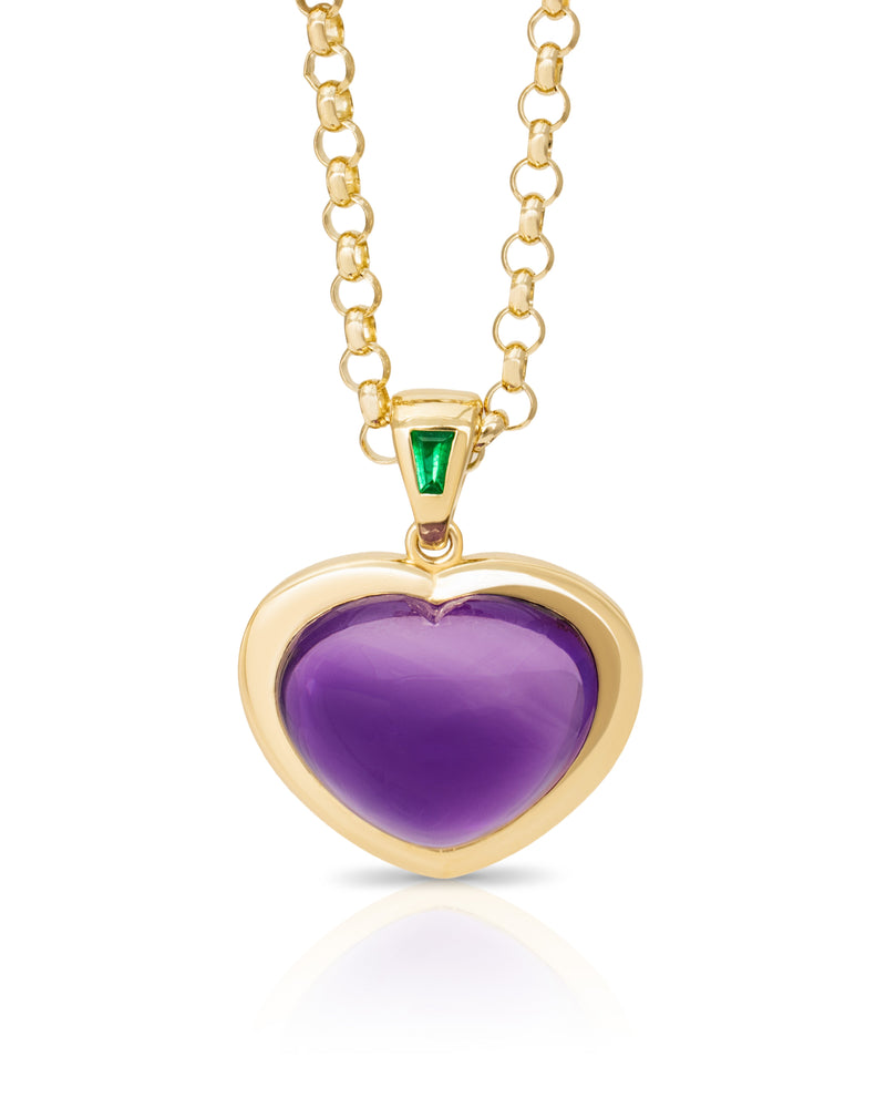 Heart-shaped Amethyst Cabochon & Emerald Pendant