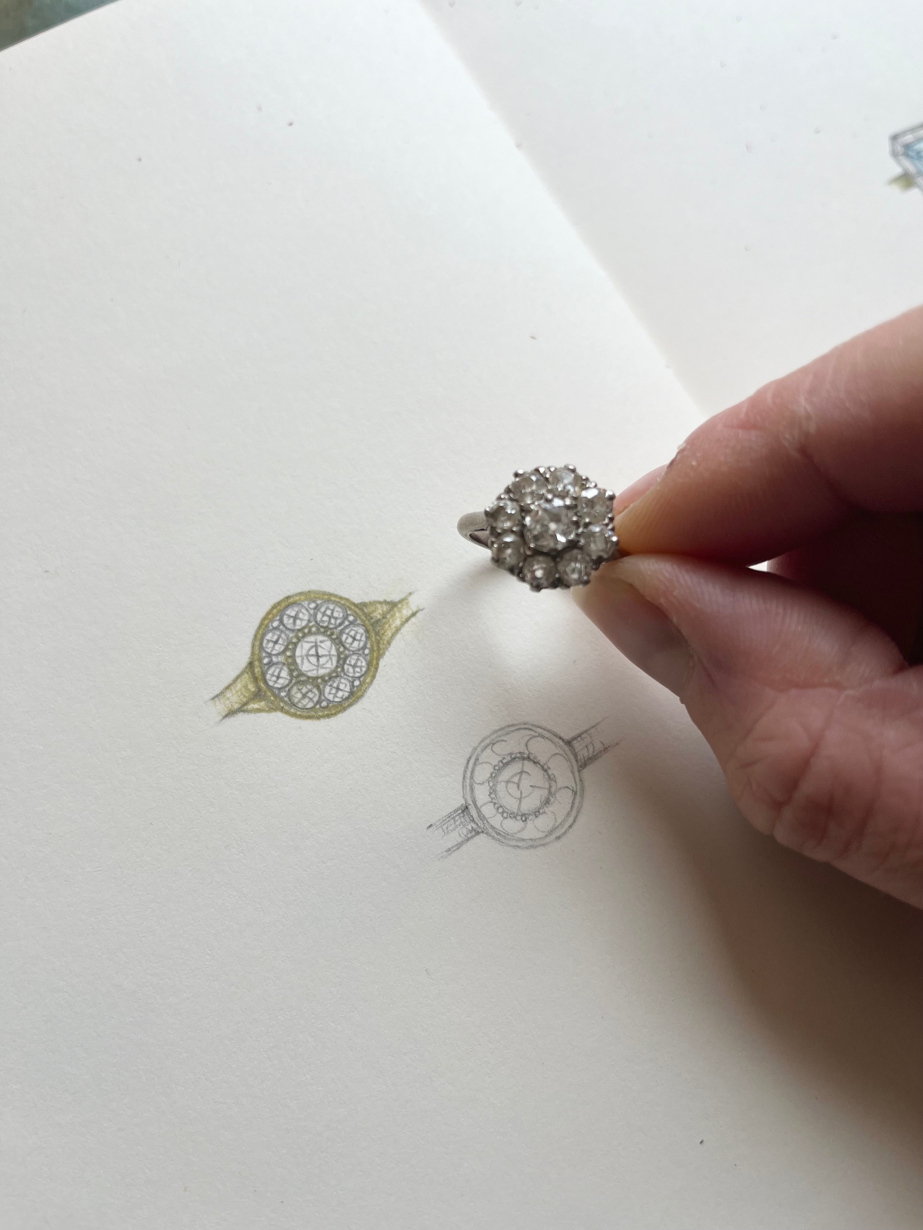 Modern cluster ring. Gold diamond cluster ring. Heirloom diamonds. Heirloom jewellery redesign. Serena Ansell Bespoke jewellery design. Old jewellery redesign. Bespoke jeweller London. 