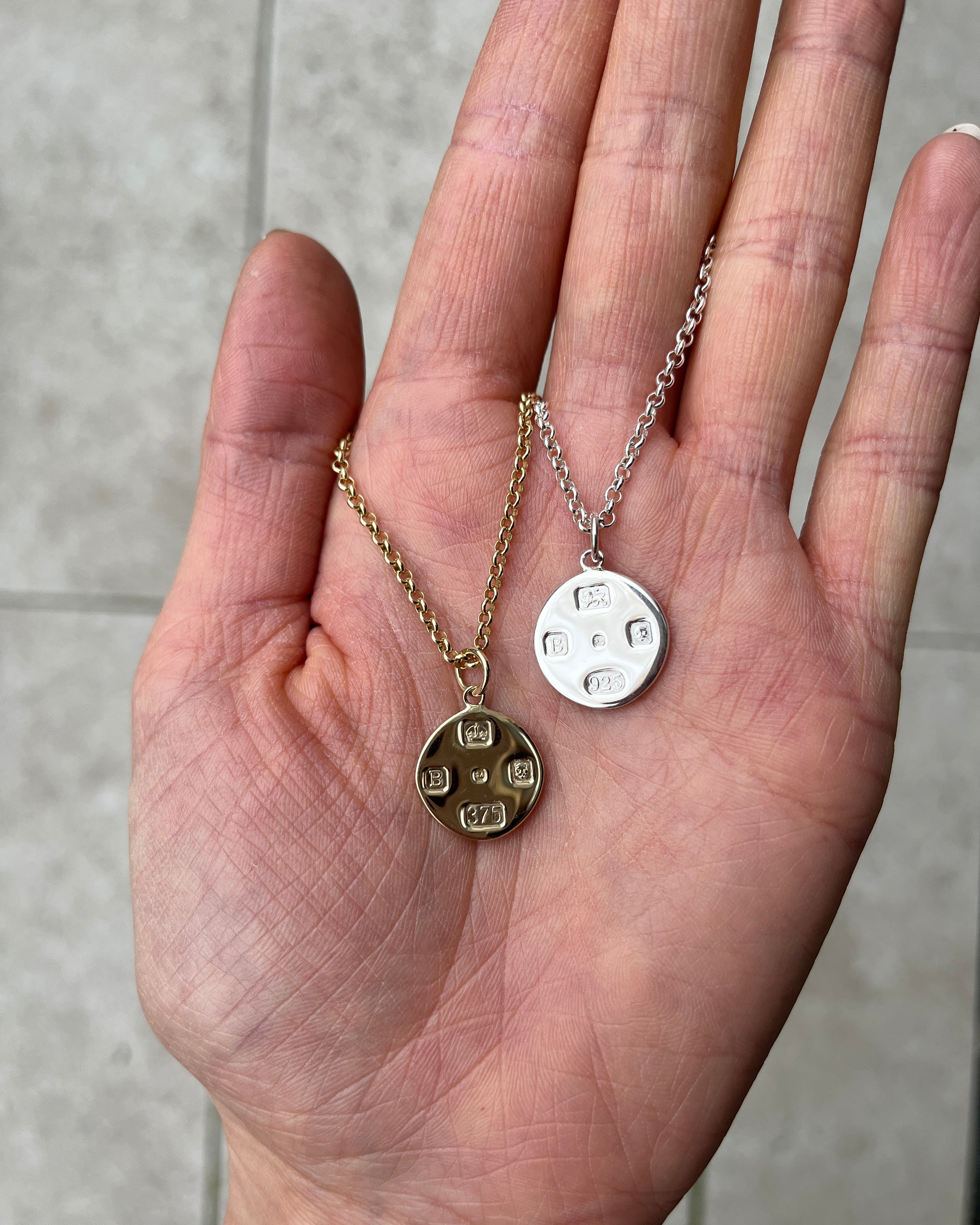 Gold disc pendant. Gold dog tag. Gold disc charm. Silver disc pendant. Silver disc charm. 