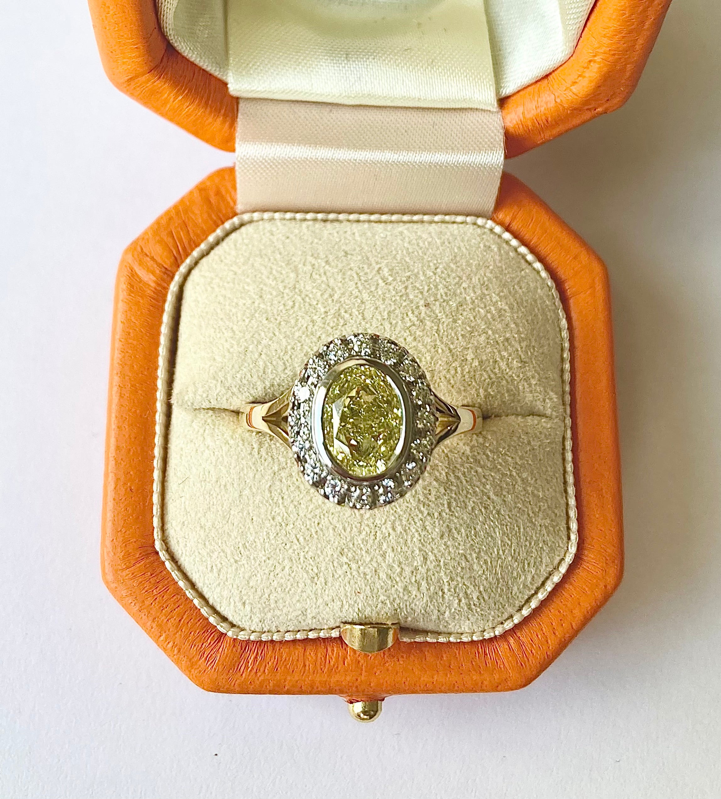 Fancy yellow diamond engagement ring. Serena Ansell bespoke engagement ring design. Serena Ansell Bespoke Jewellery Design. Bespoke engagement ring designer London. 