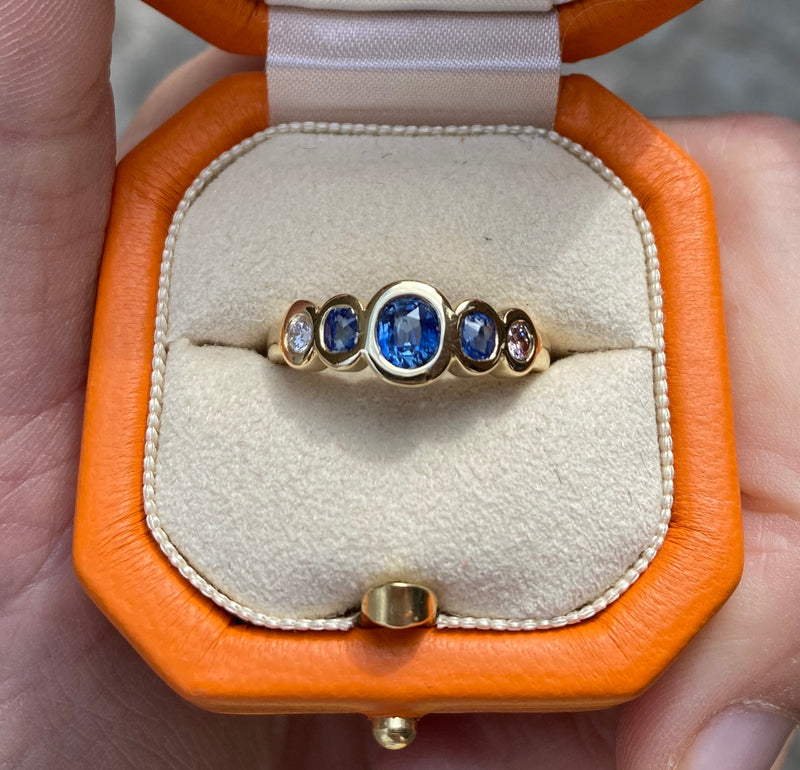 Five-stone Ceylon Sapphire and Diamond Ring made using heirloom Sapphires