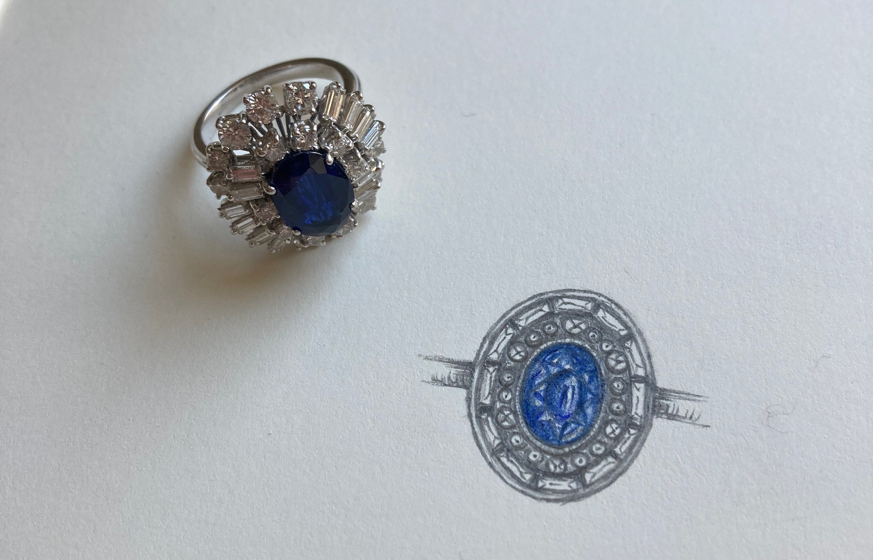Sapphire and diamond cocktail ring. Heirloom gemstones. Heirloom jewellery redesign. Serena Ansell Bespoke jewellery design. Old jewellery redesign. Bespoke jeweller London.