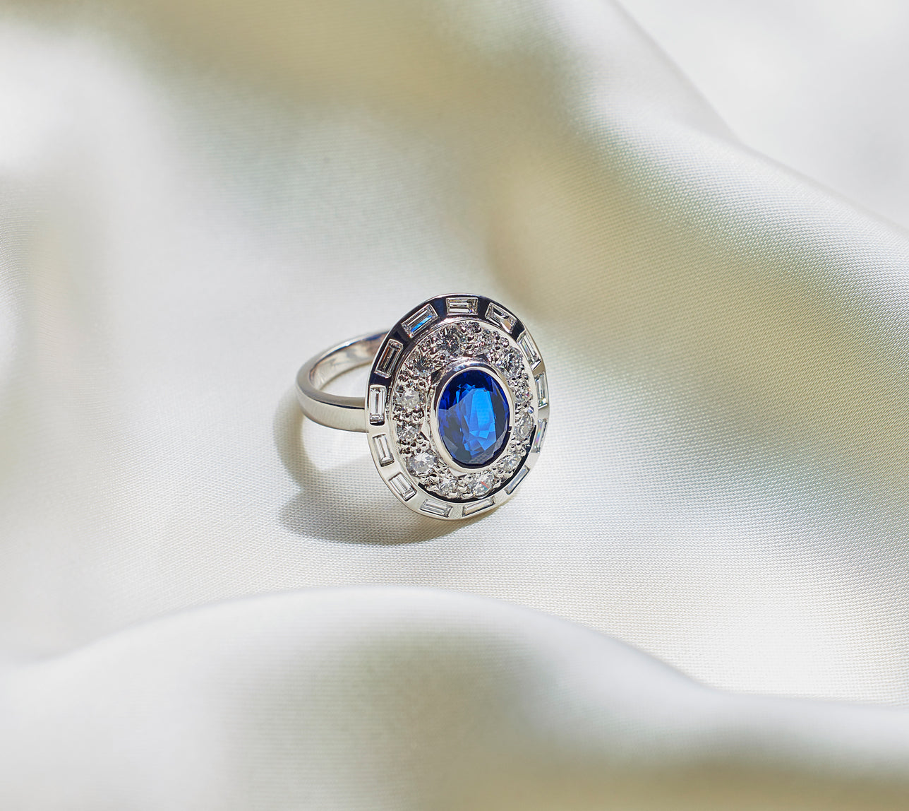 Sapphire and diamond cocktail ring. Serena Ansell Bespoke Jewellery. Bespoke Jewellery Designer London. 